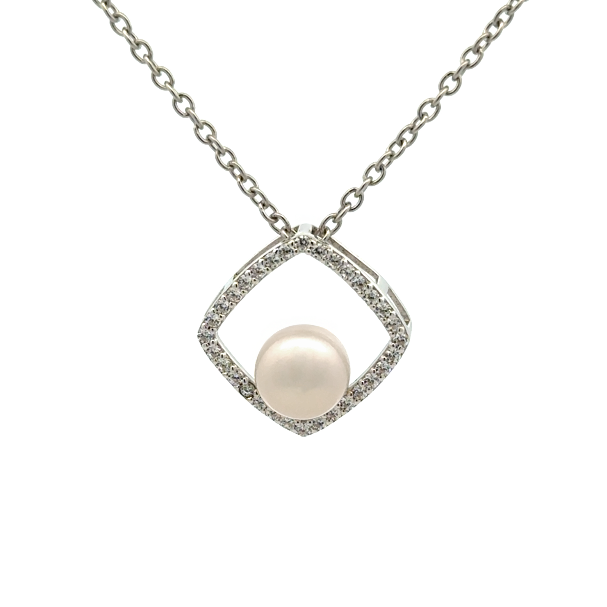Sterling Silver 7-7.5mm Freshwater Pearl and Cubic Zirconia Pendant front view on a white background