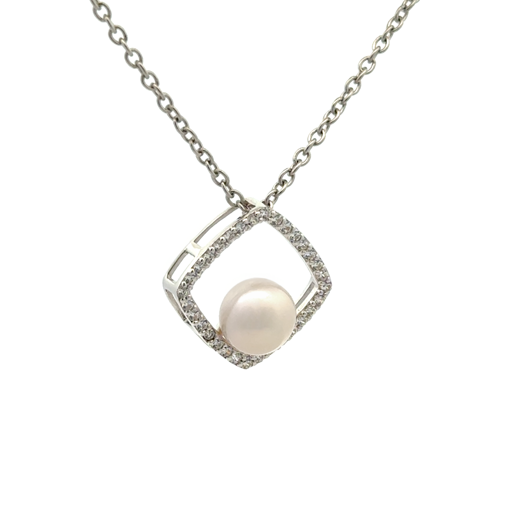 Sterling Silver 7-7.5mm Freshwater Pearl and Cubic Zirconia Pendant side view on a white background