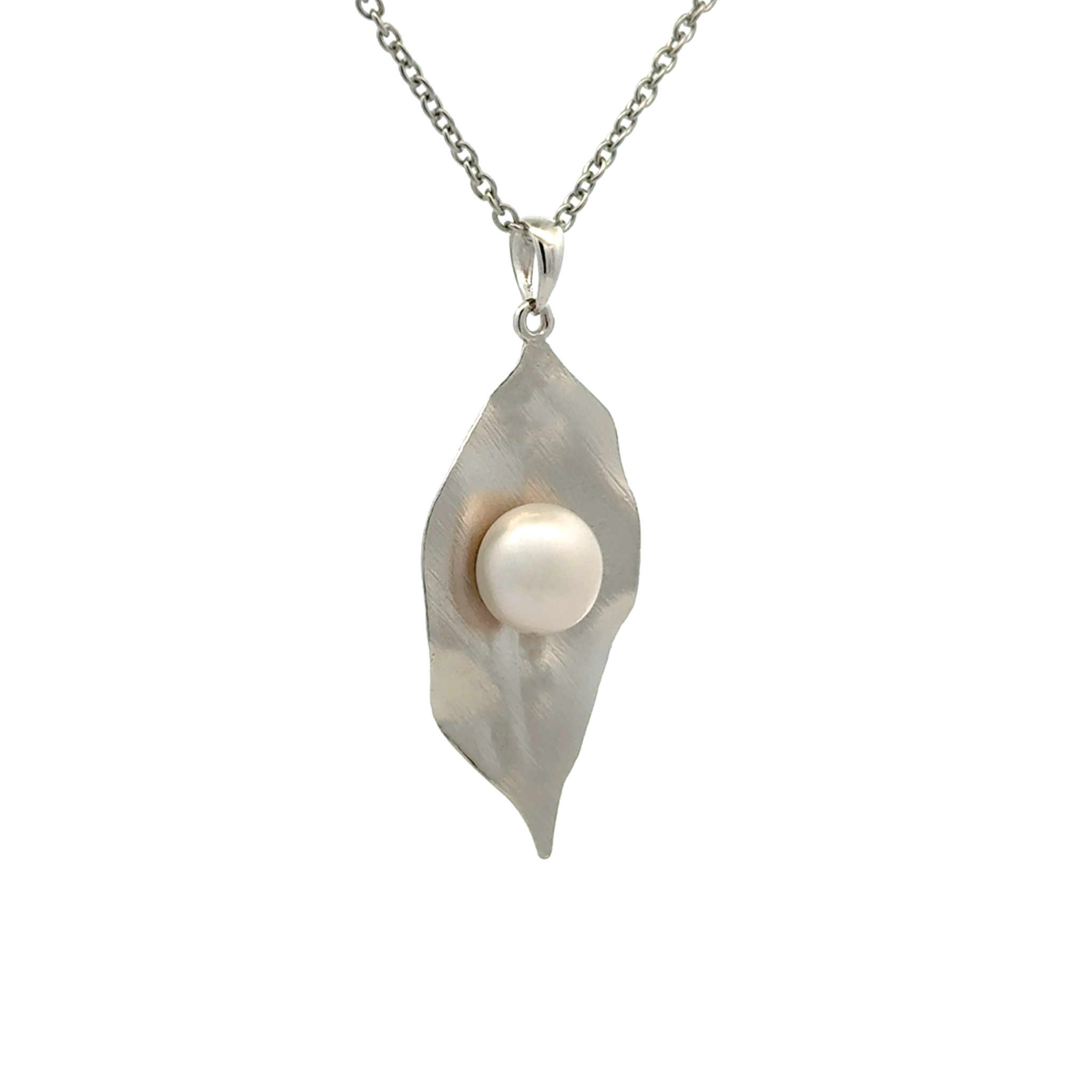 Sterling Silver Freshwater White 9.5-10mm White Pearl Leaf Pendant sideview with a white background