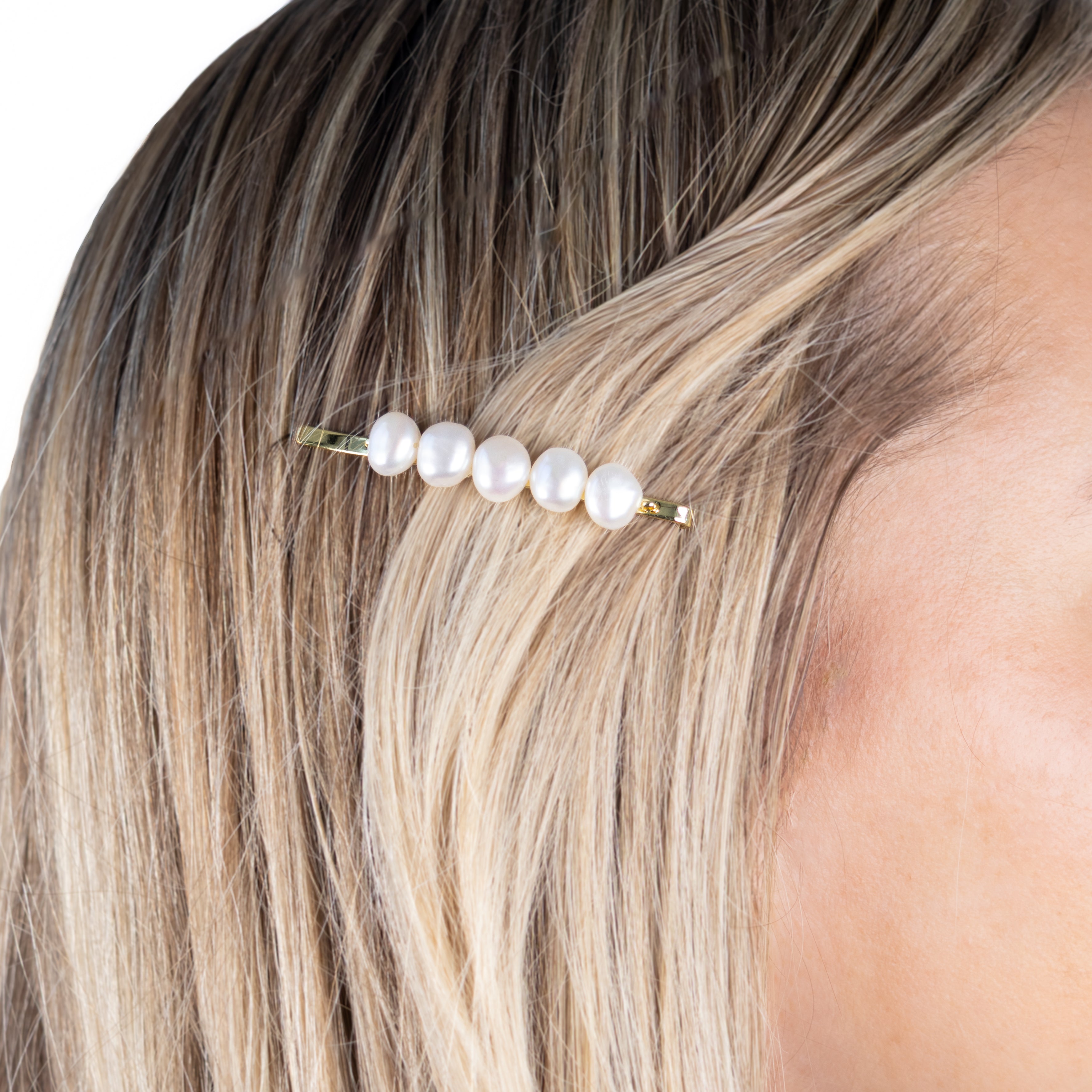 Gold Plated Brass 7.5-8 mm Freshwater Pearl Hair Clip on a model