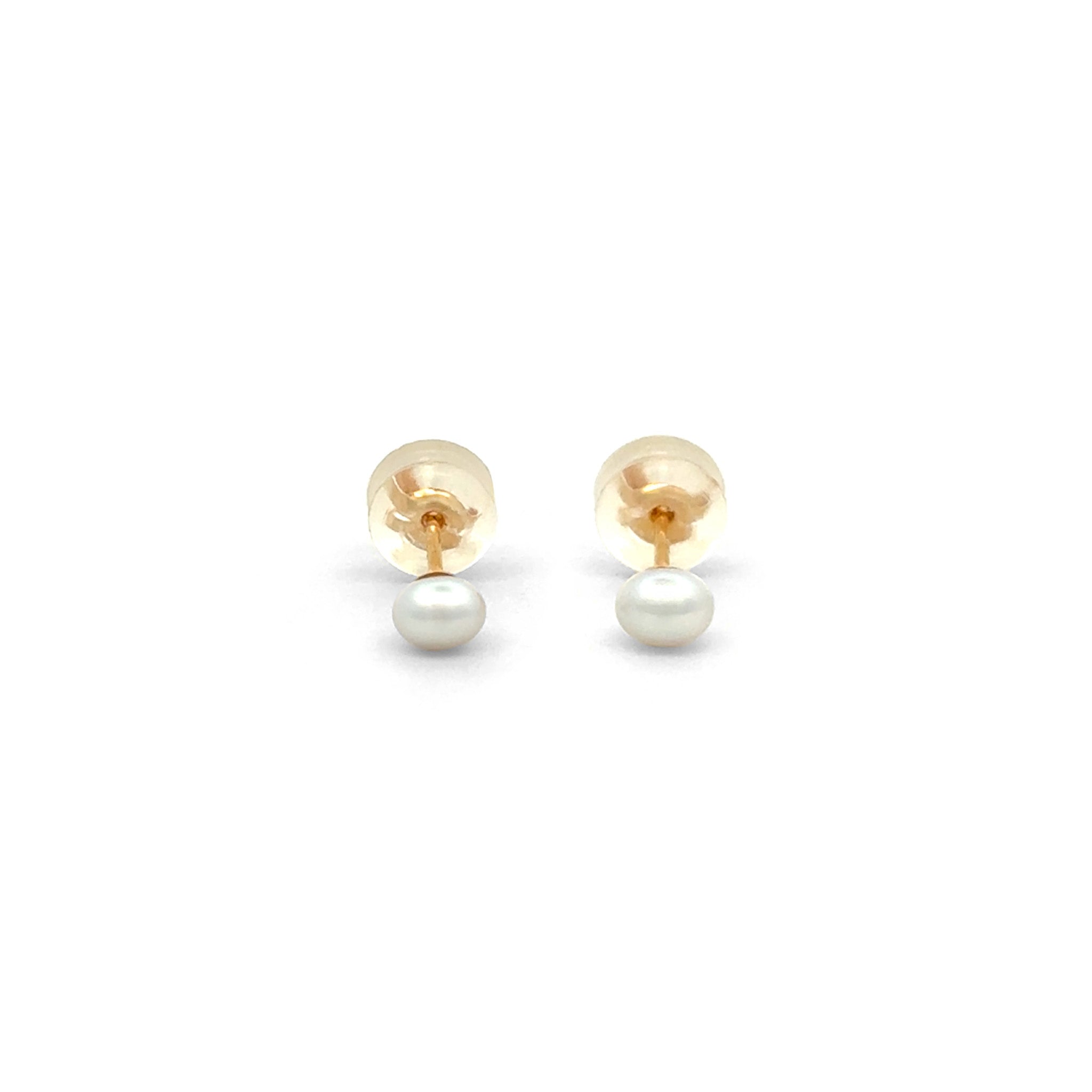 18K Yellow Gold Australian South Sea 0.2g Keshi Pearl Stud Earrings front view on white background