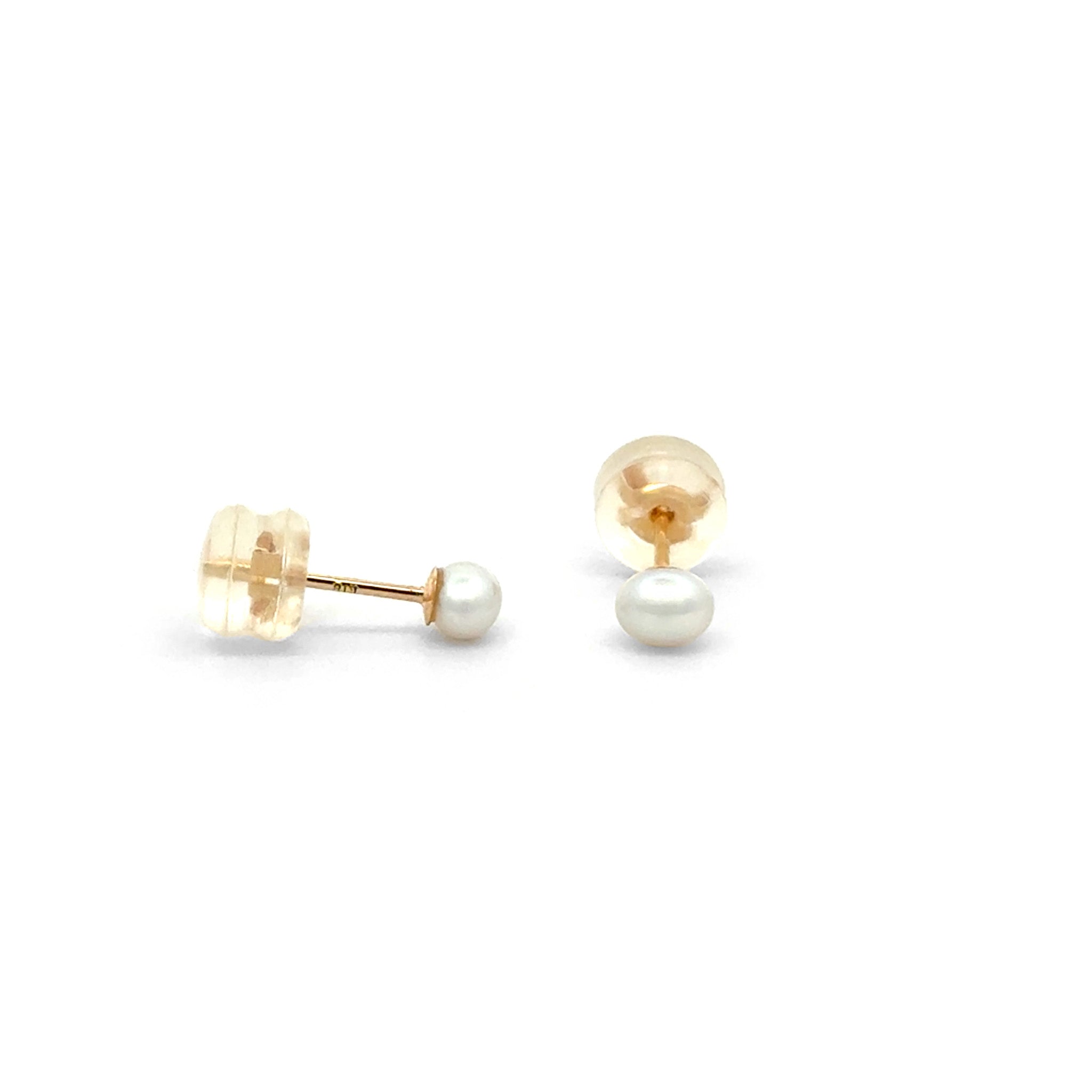 18K Yellow Gold Australian South Sea 0.2g Keshi Pearl Stud Earrings side view on white background