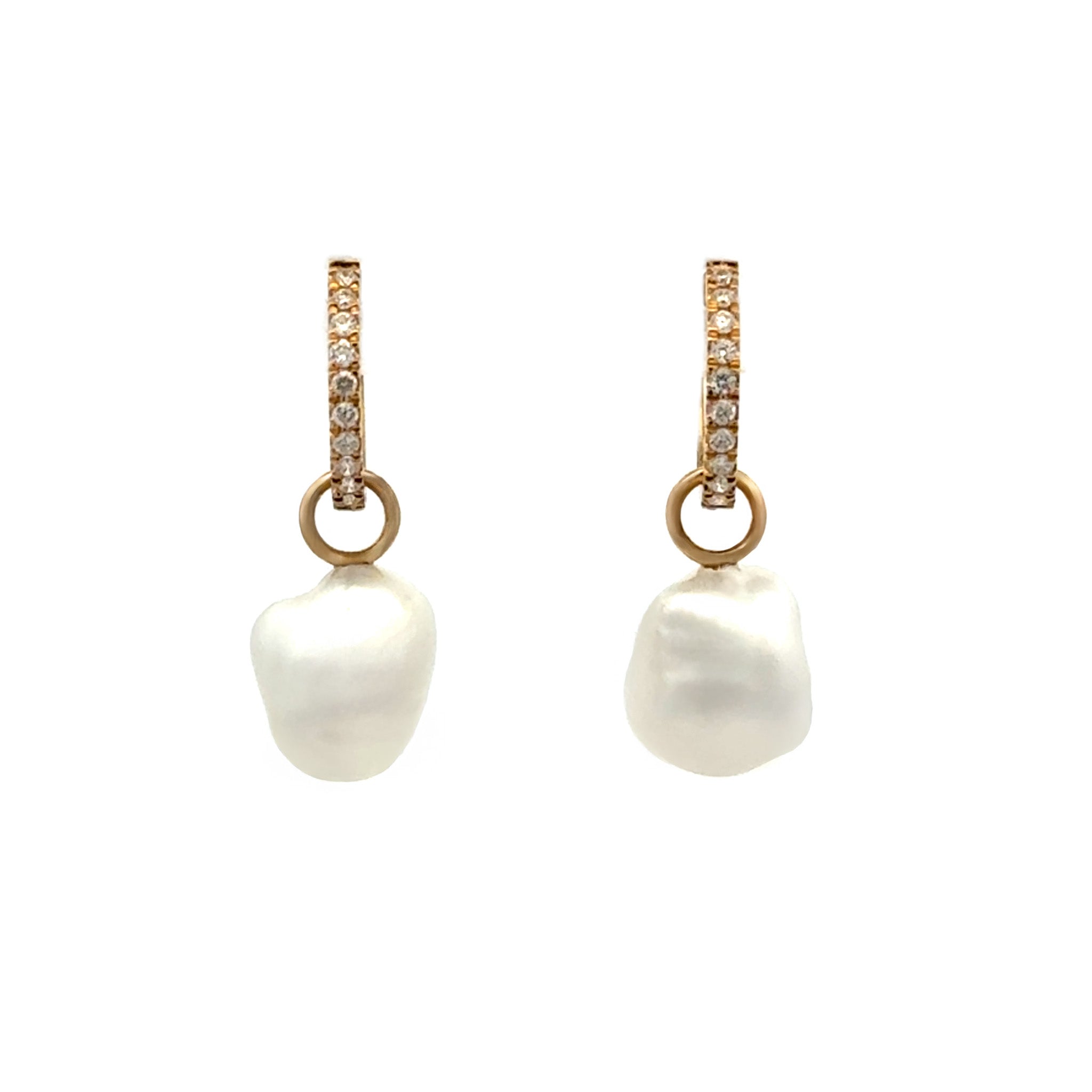18K Yellow Gold Australian South Sea 1.8 g Keshi Pearl and Diamond Huggie Earrings front view