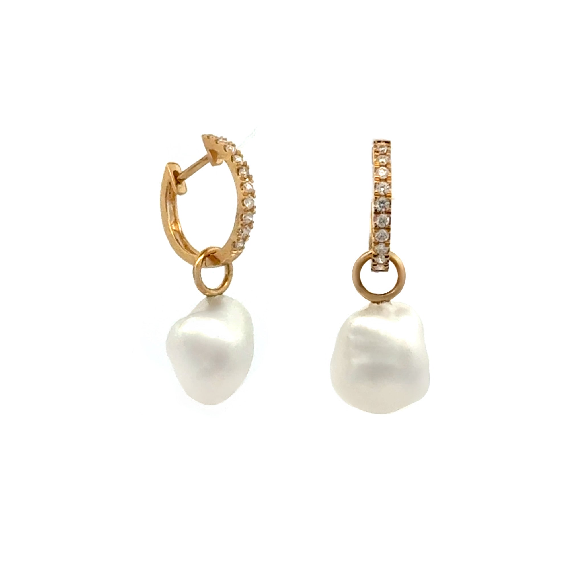 18K Yellow Gold Australian South Sea 1.8 g Keshi Pearl and Diamond Huggie Earrings side view