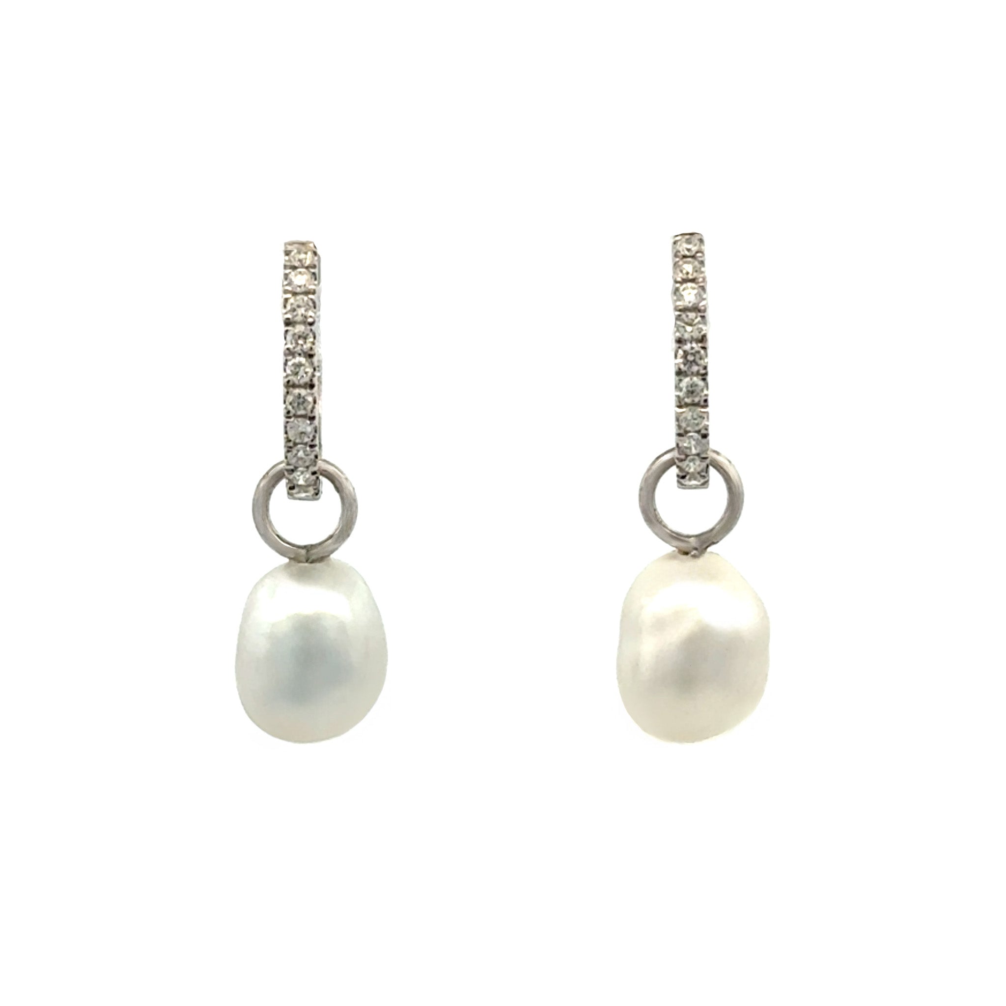 18K White Gold Australian South Sea 1.0 g Keshi Pearl and Diamond Huggie Earrings front view