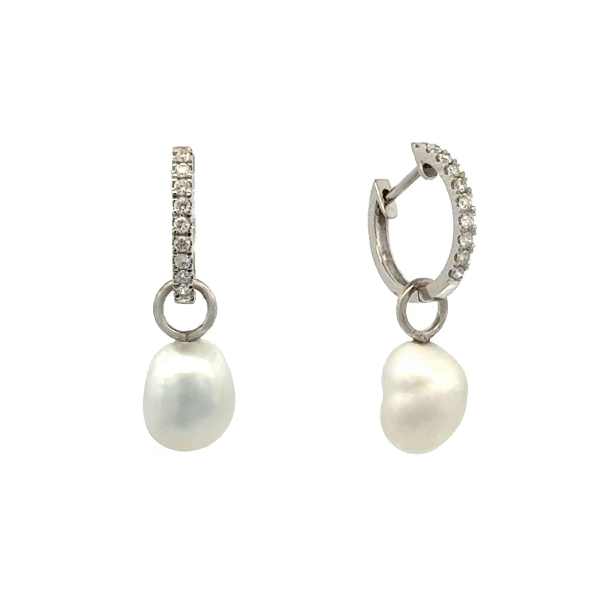 18K White Gold Australian South Sea 1.0 g Keshi Pearl and Diamond Huggie Earrings side view