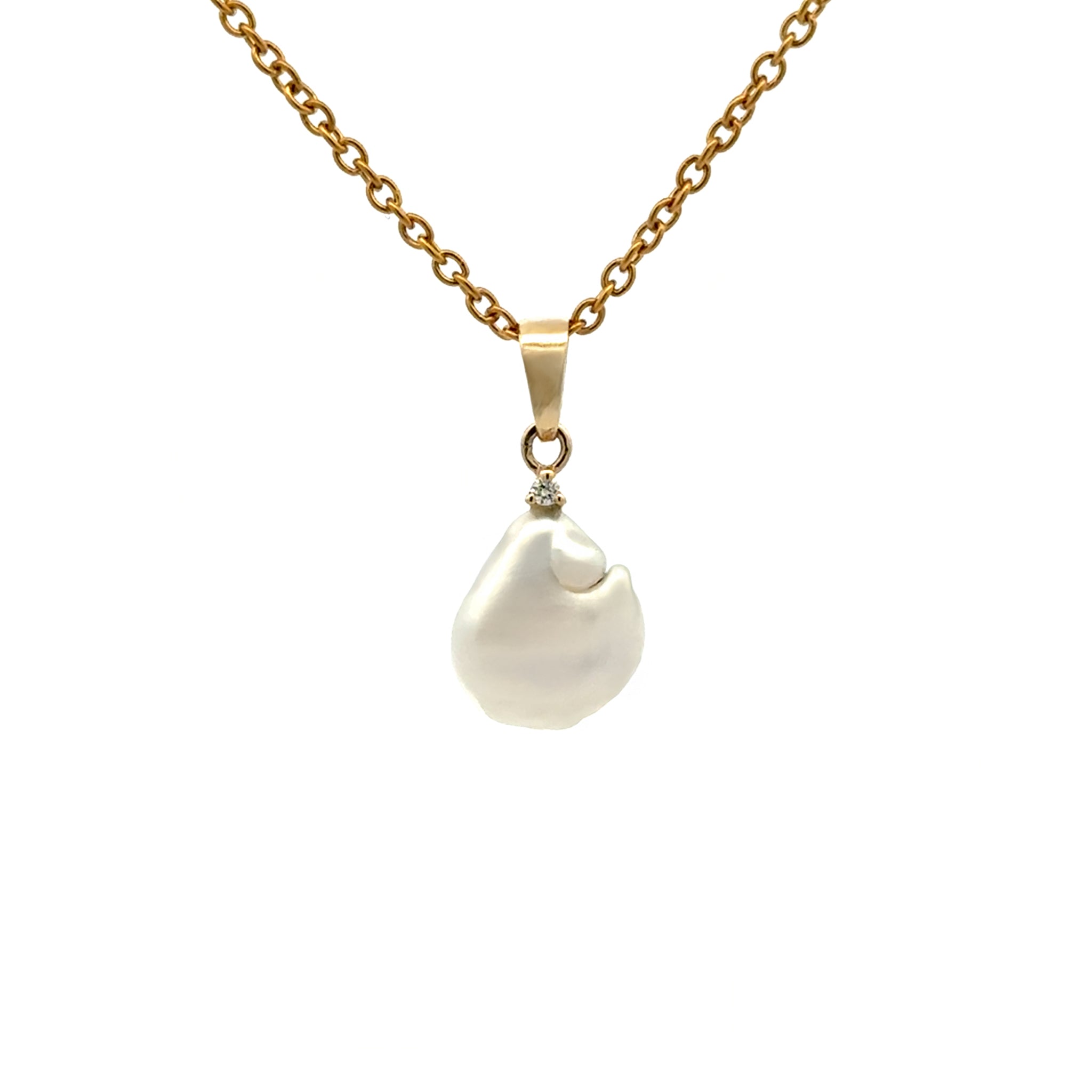 9K Yellow Gold Australian South Sea 0.9g Keshi Pearl and Diamond Pendant front view