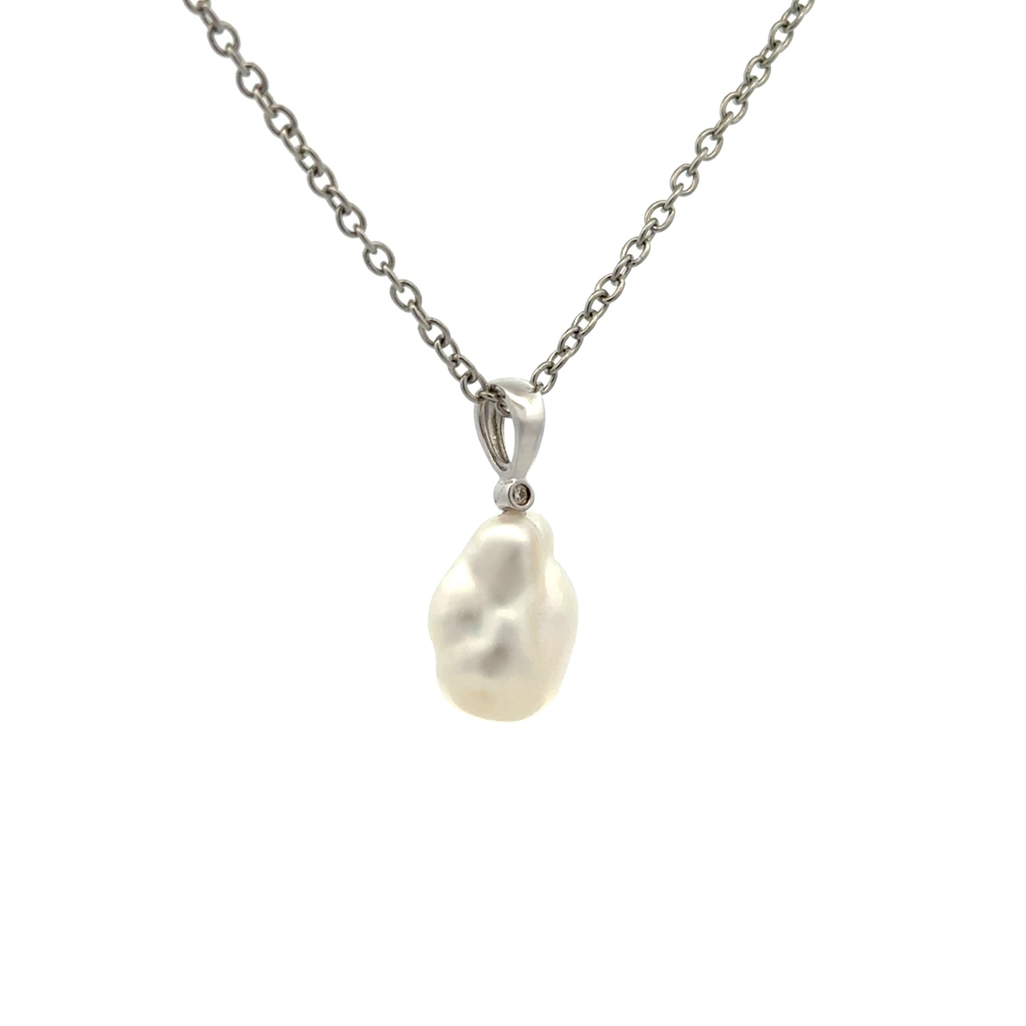 9K White Gold Australian South Sea 1.0 g Keshi Pearl and Diamond Pendant side view on white background