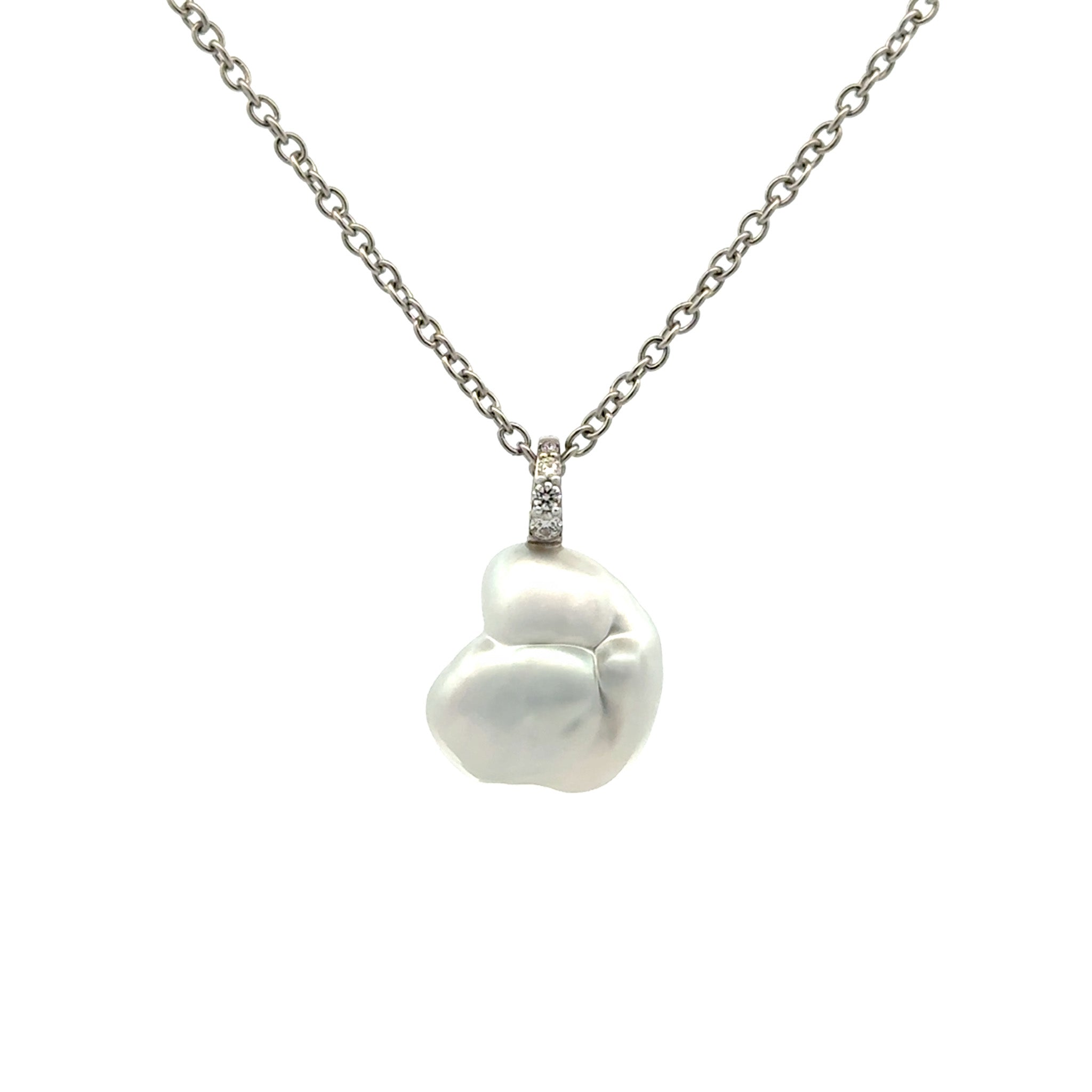 9K White Gold Australian South Sea 1.6 g Keshi Pearl and Diamond Pendant front view on white background