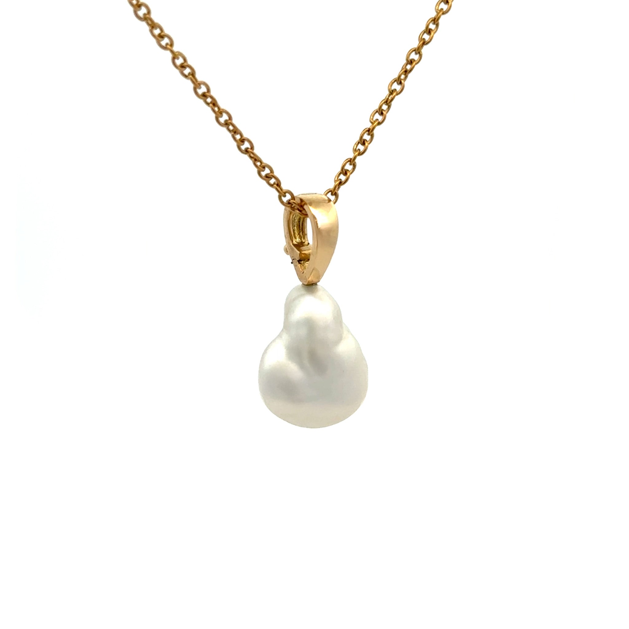 18K Yellow Gold Australian South Sea 1.9g Keshi Pearl Pendant side view on a white background