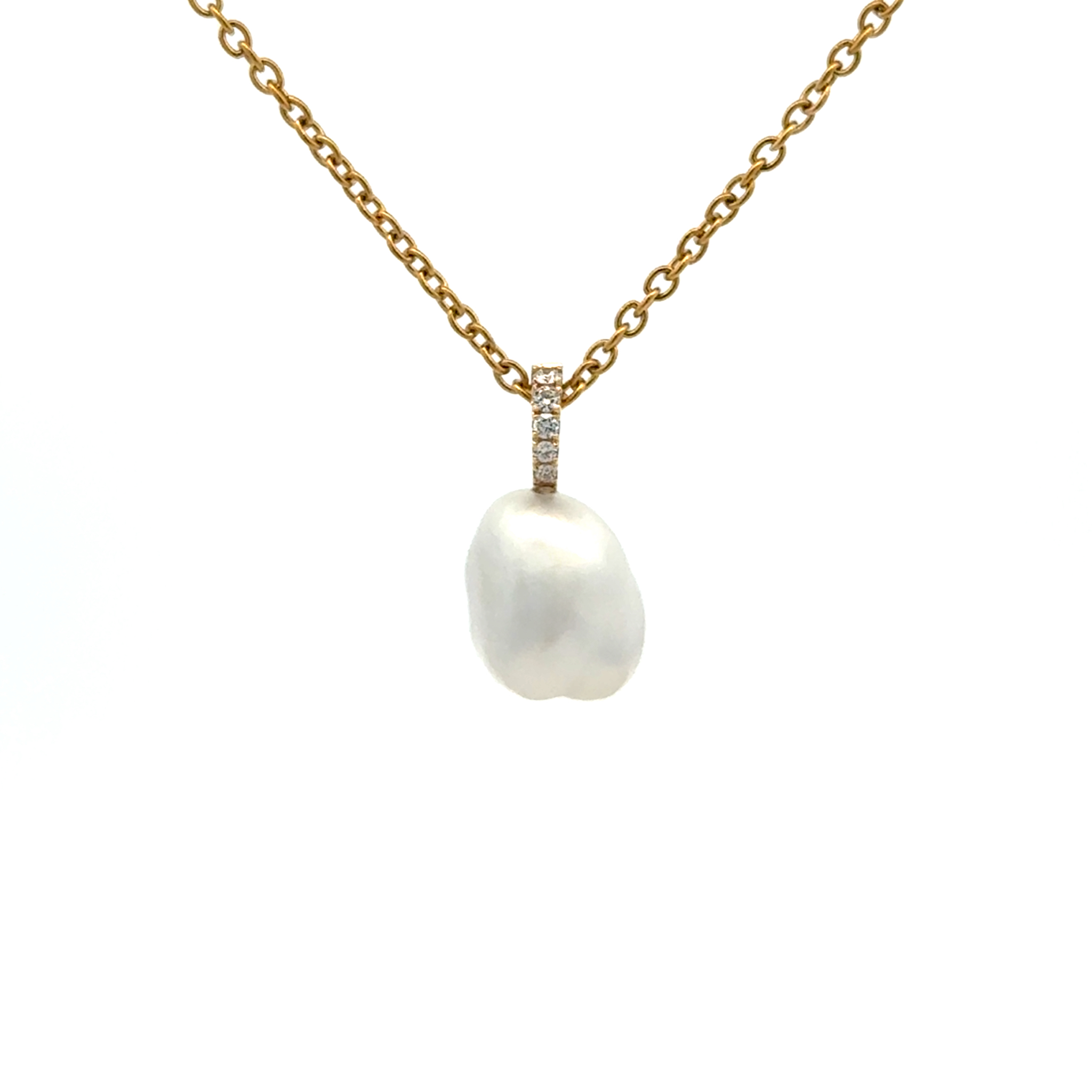 18K Yellow Gold Australian South Sea 1.3g Keshi Pearl and Diamond Pendant front view on a white background