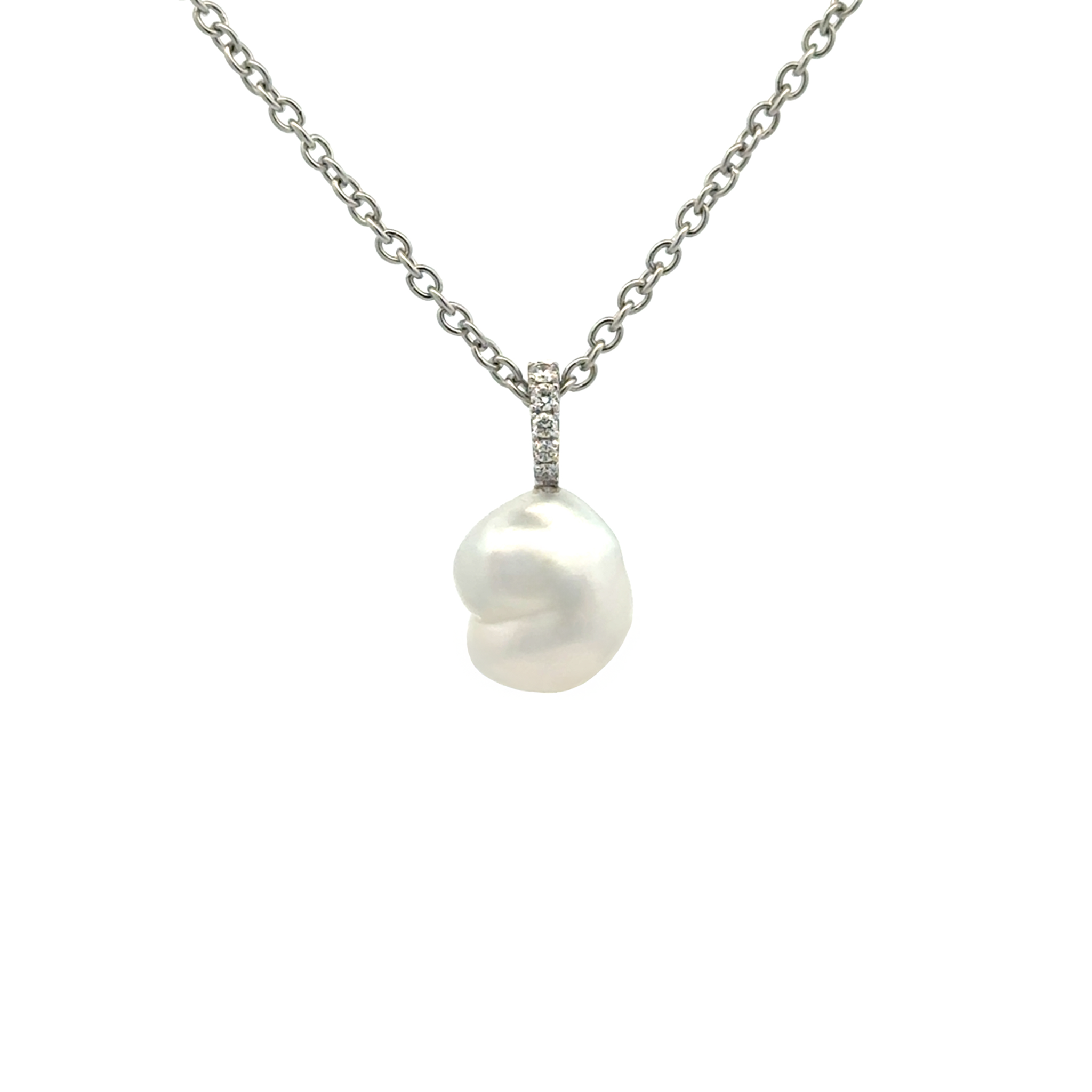 18K White Gold Australian South Sea 1.0g Keshi Pearl and Diamond Pendant front view on a white background