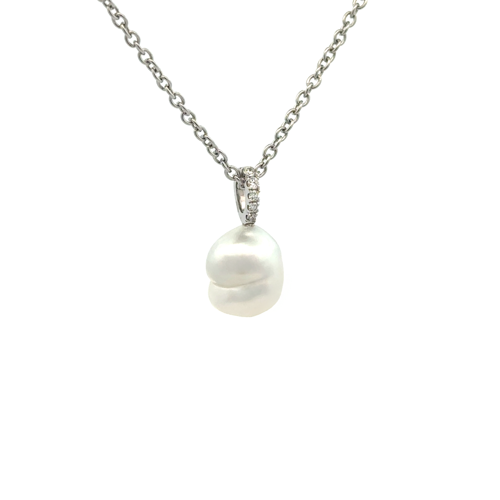 18K White Gold Australian South Sea 1.0g Keshi Pearl and Diamond Pendant side view on a white background