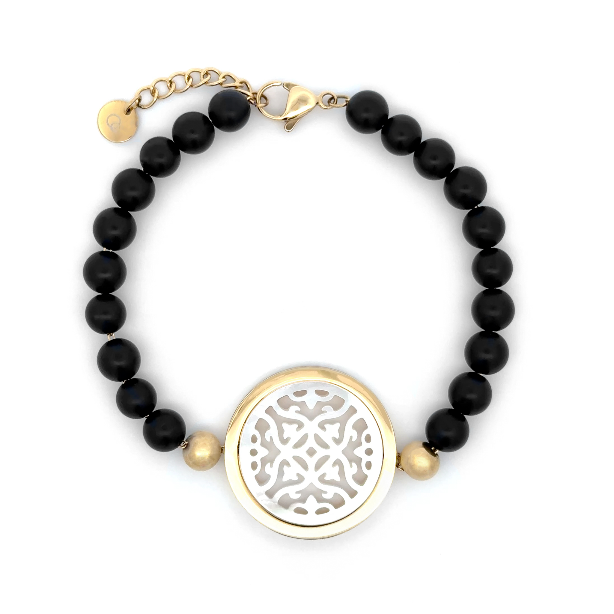 14K Gold Plated Stainless Steel, Agate and White Mother Of Pearl Bracelet