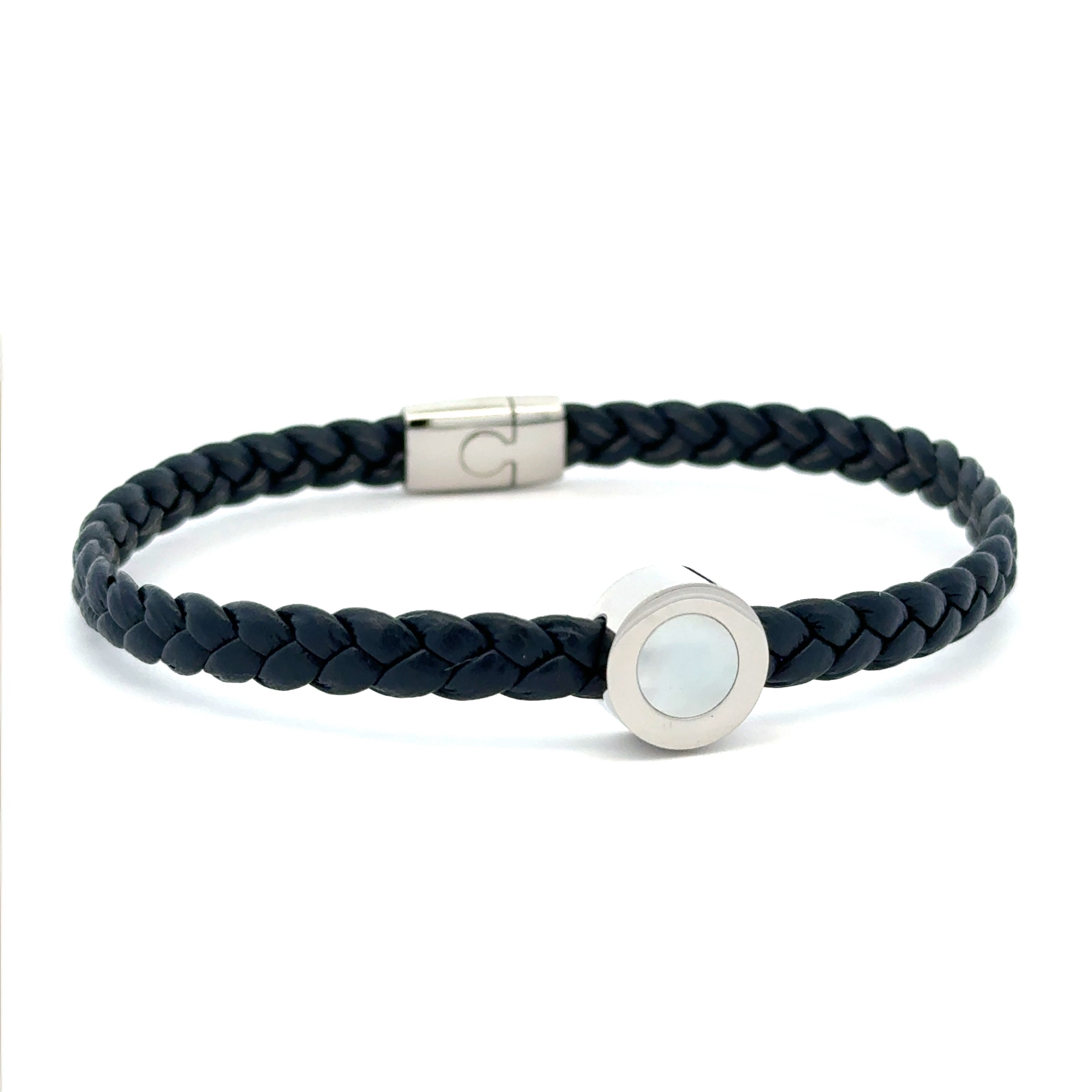 Stainless Steel Braided Blue Leather Bracelet with White Mother of Pearl