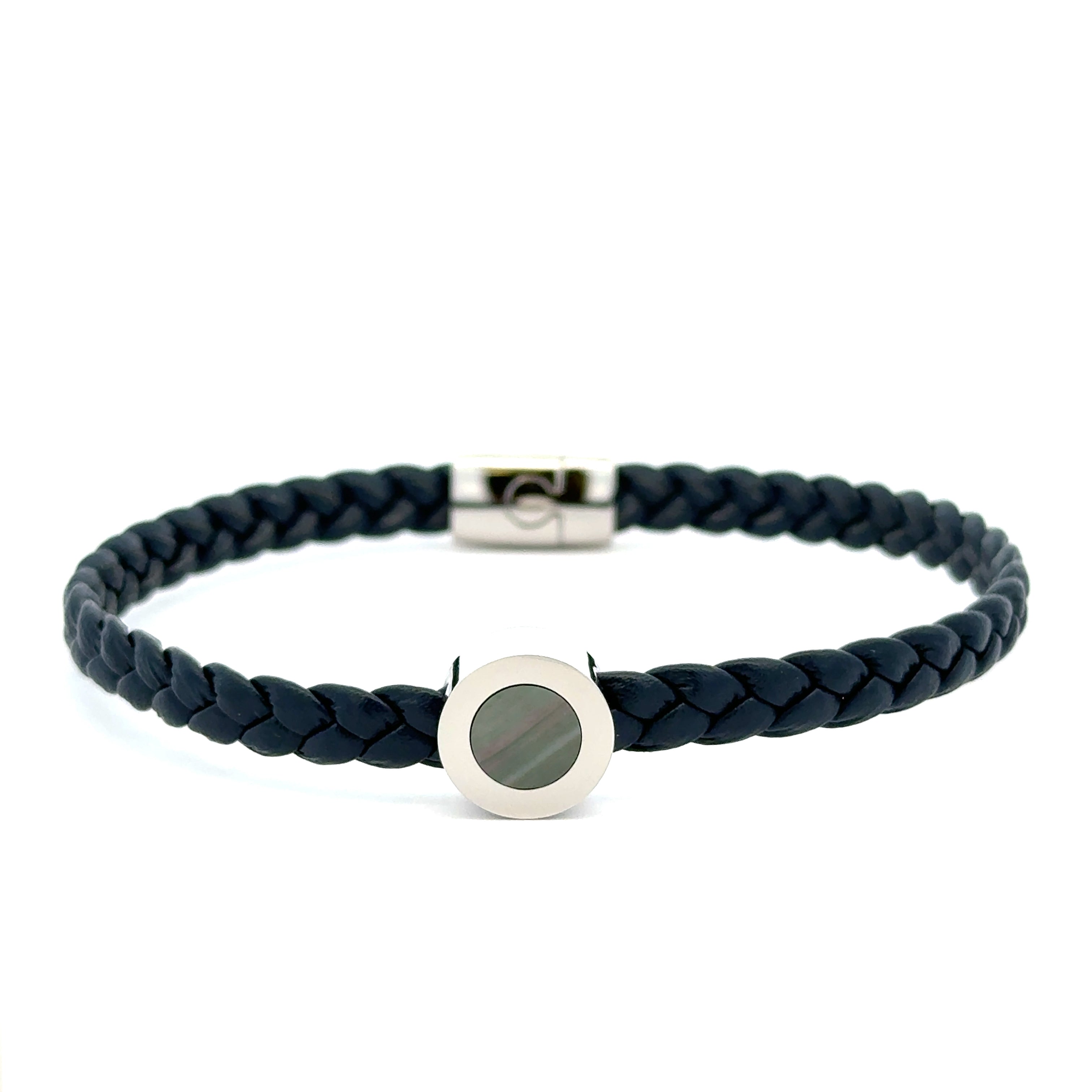 Stainless Steel Braided Blue Leather Bracelet With Black Mother of Pearl