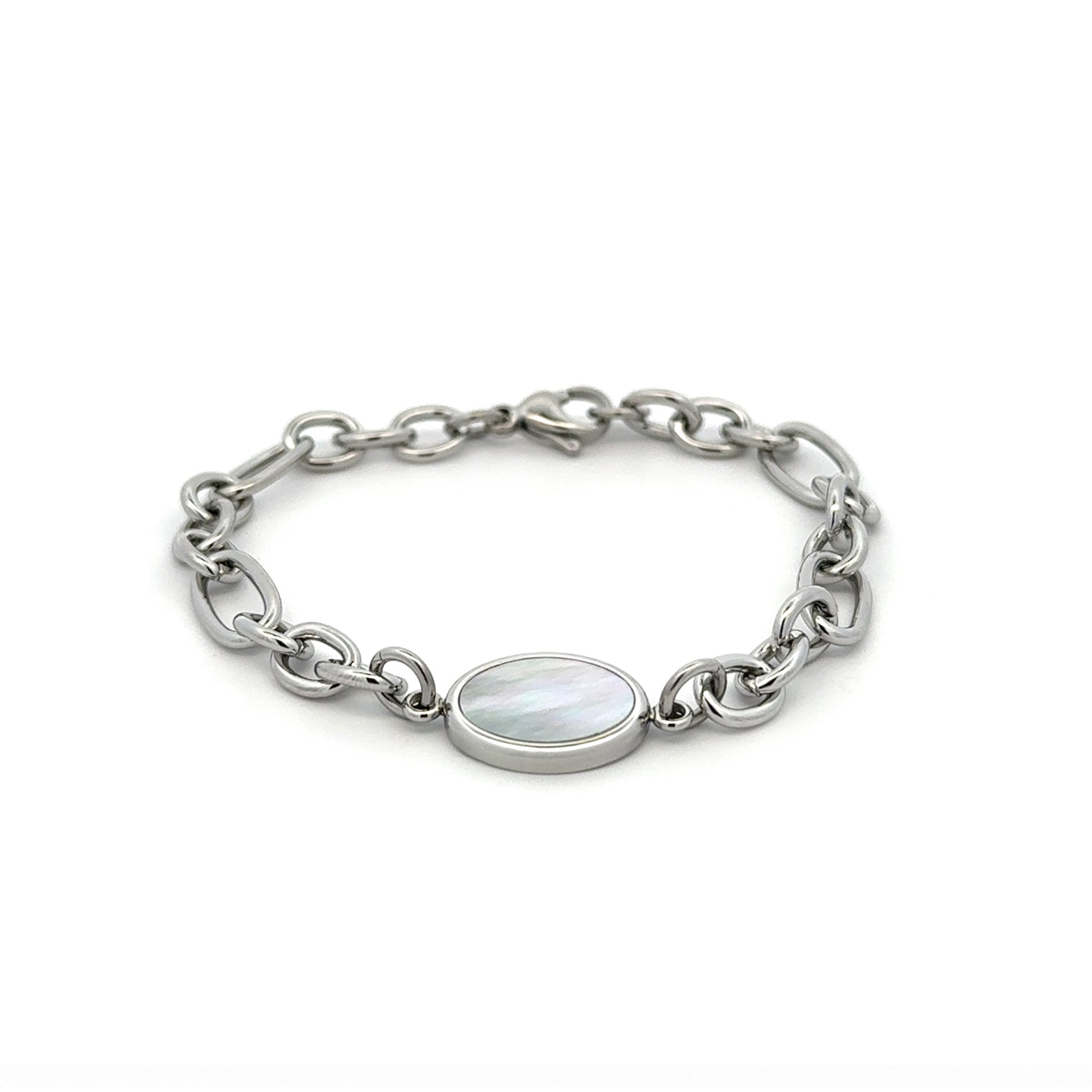 Stainless Steel White Mother of Pearl Link Bracelet front view