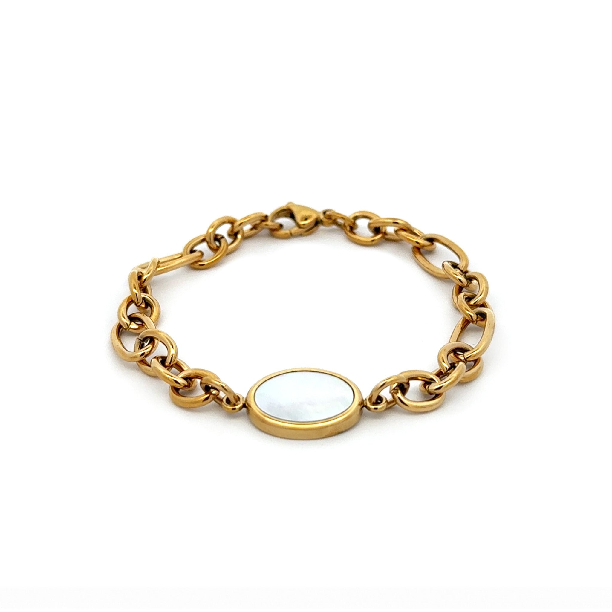 Gold Plated Stainless Steel White Mother of Pearl Link Bracelet