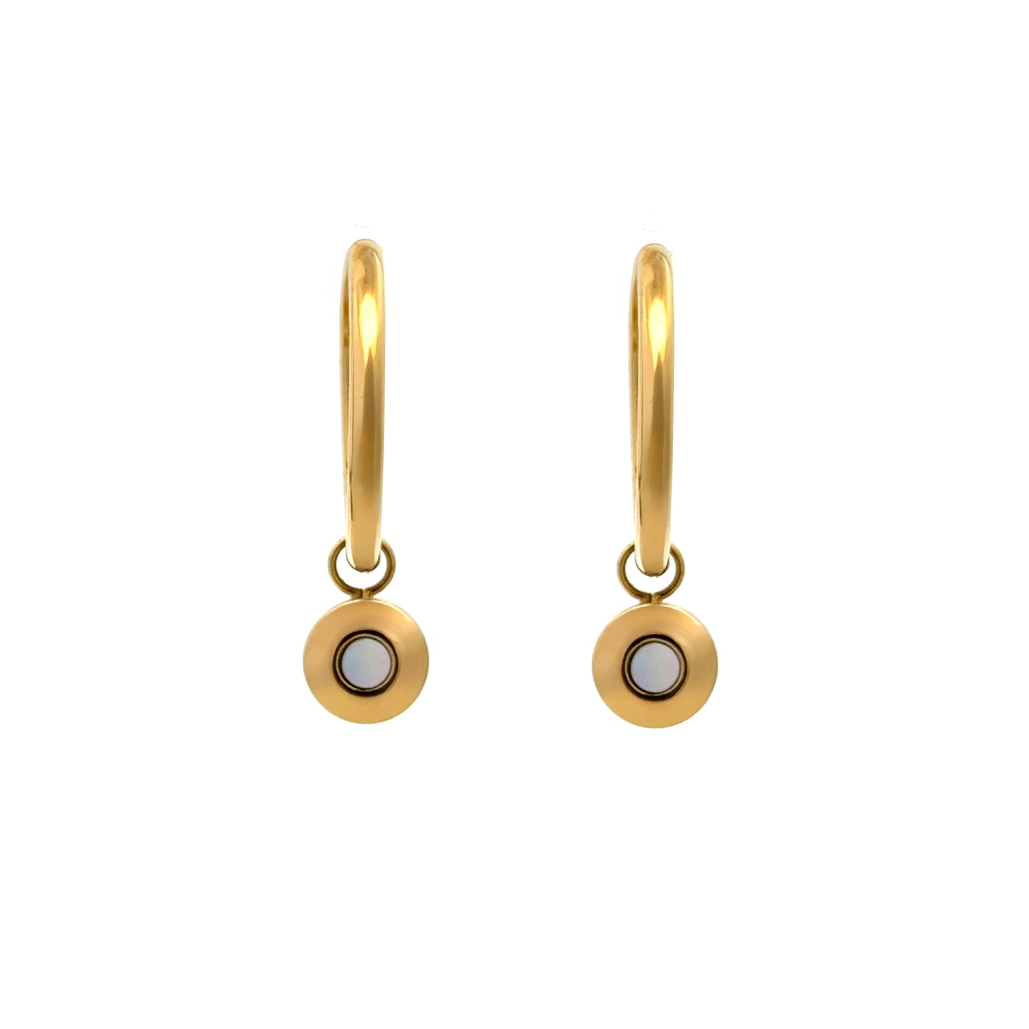 Gold Plated Stainless Steel White Mother Of Pearl Hoop Earrings front view