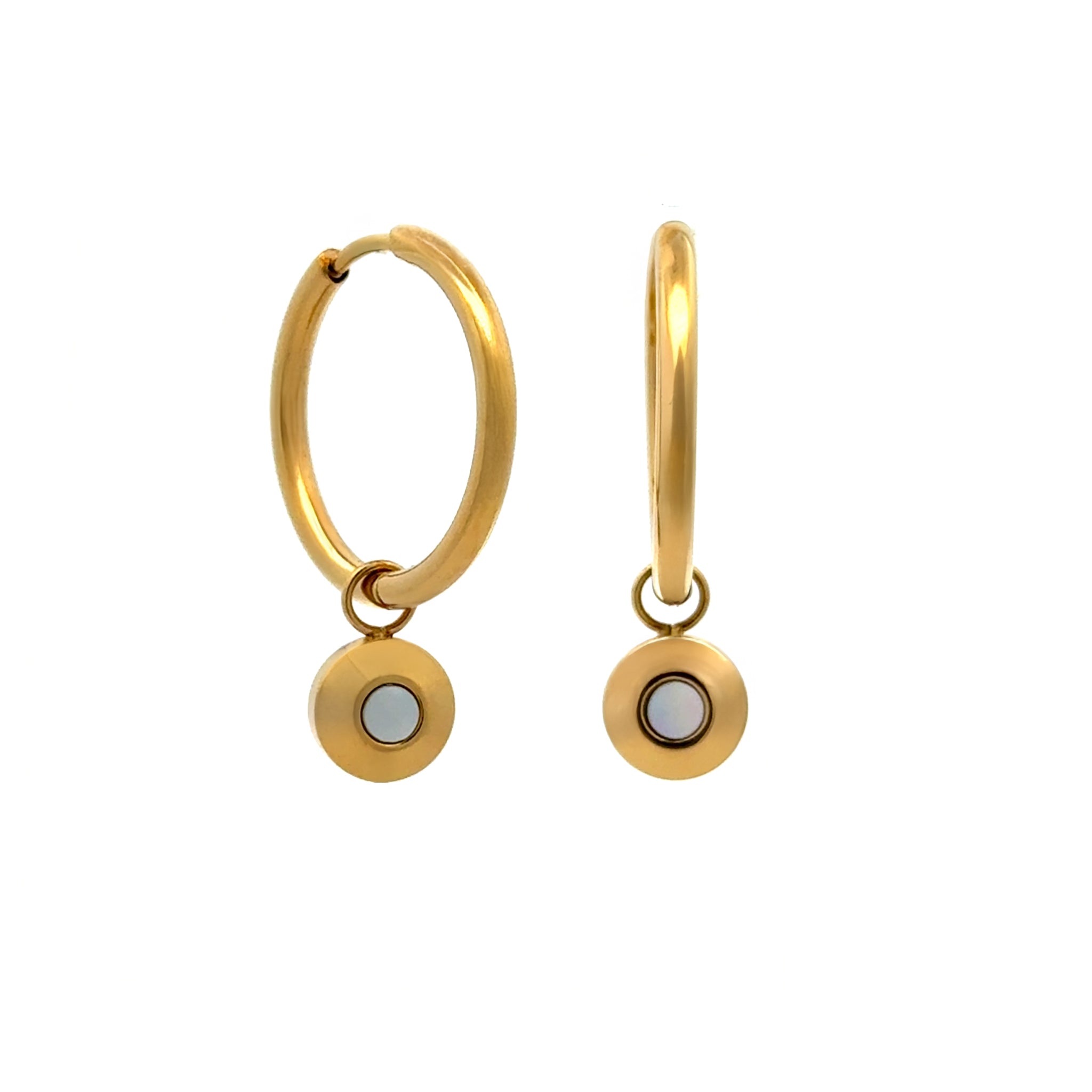 Gold Plated Stainless Steel White Mother Of Pearl Hoop Earrings side view