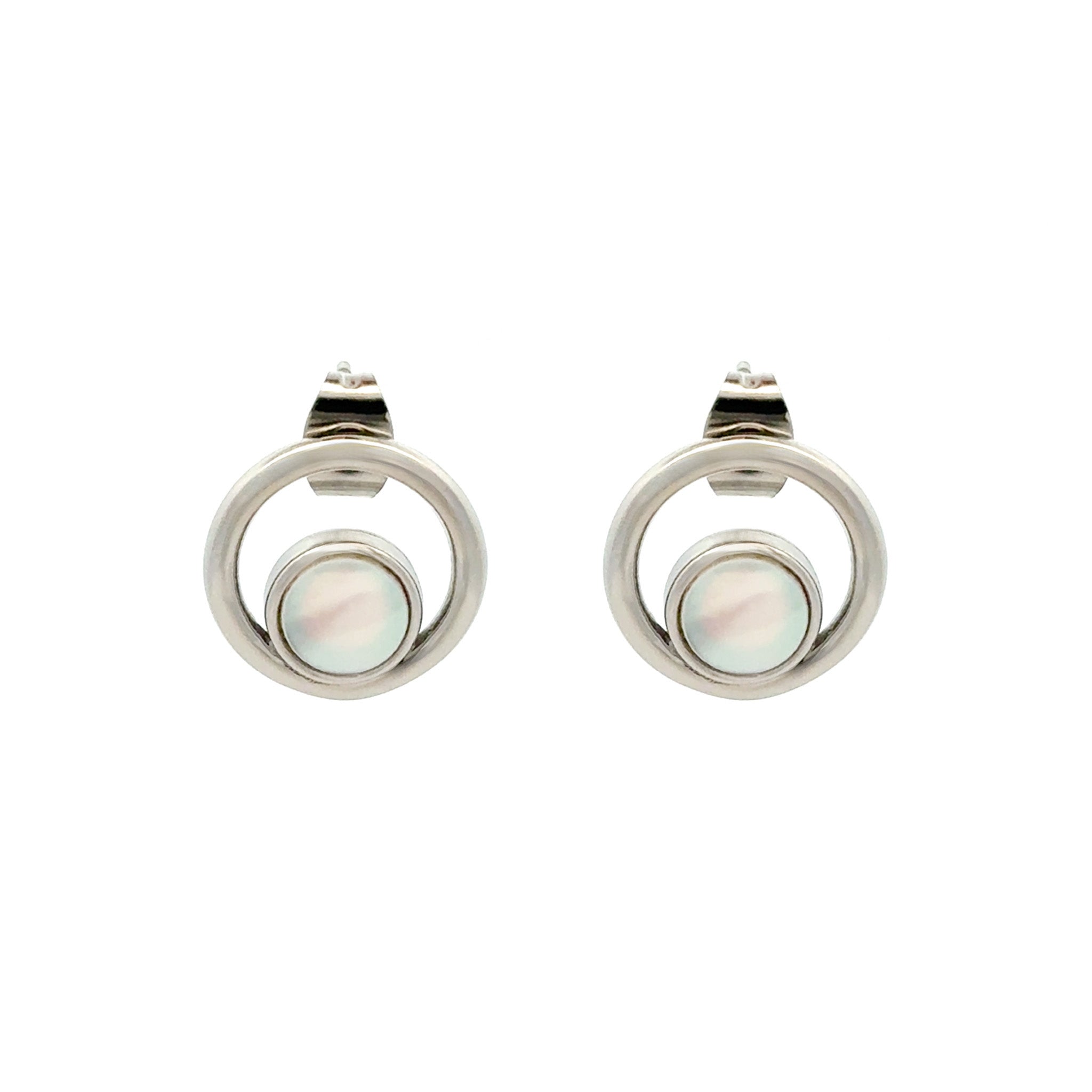 Stainless Steel White Mother Of Pearl Circle Stud Earrings front view