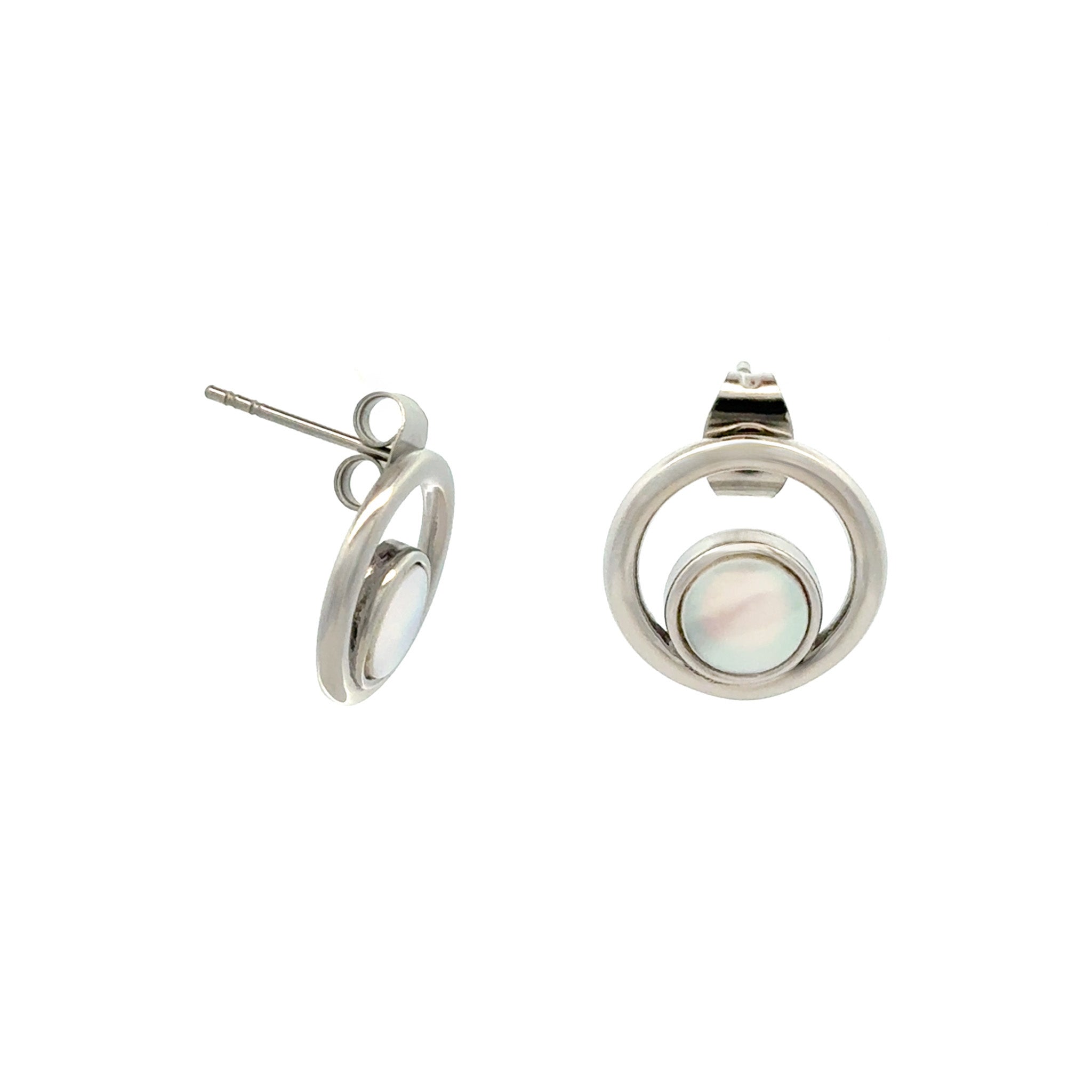 Stainless Steel White Mother Of Pearl Circle Stud Earrings side view