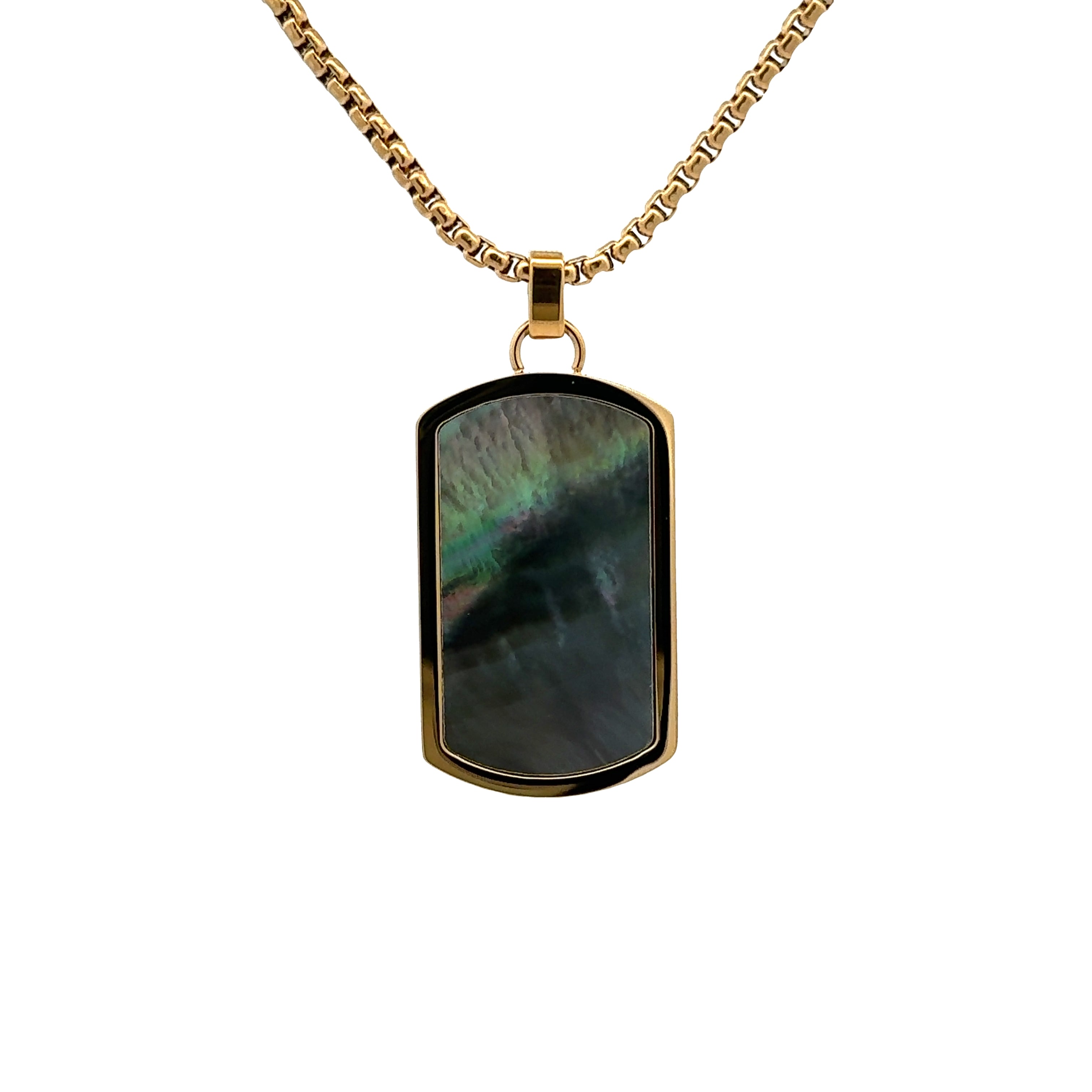 14K Gold Plated Stainless Steel and Black Mother Of Pearl Tag Necklace