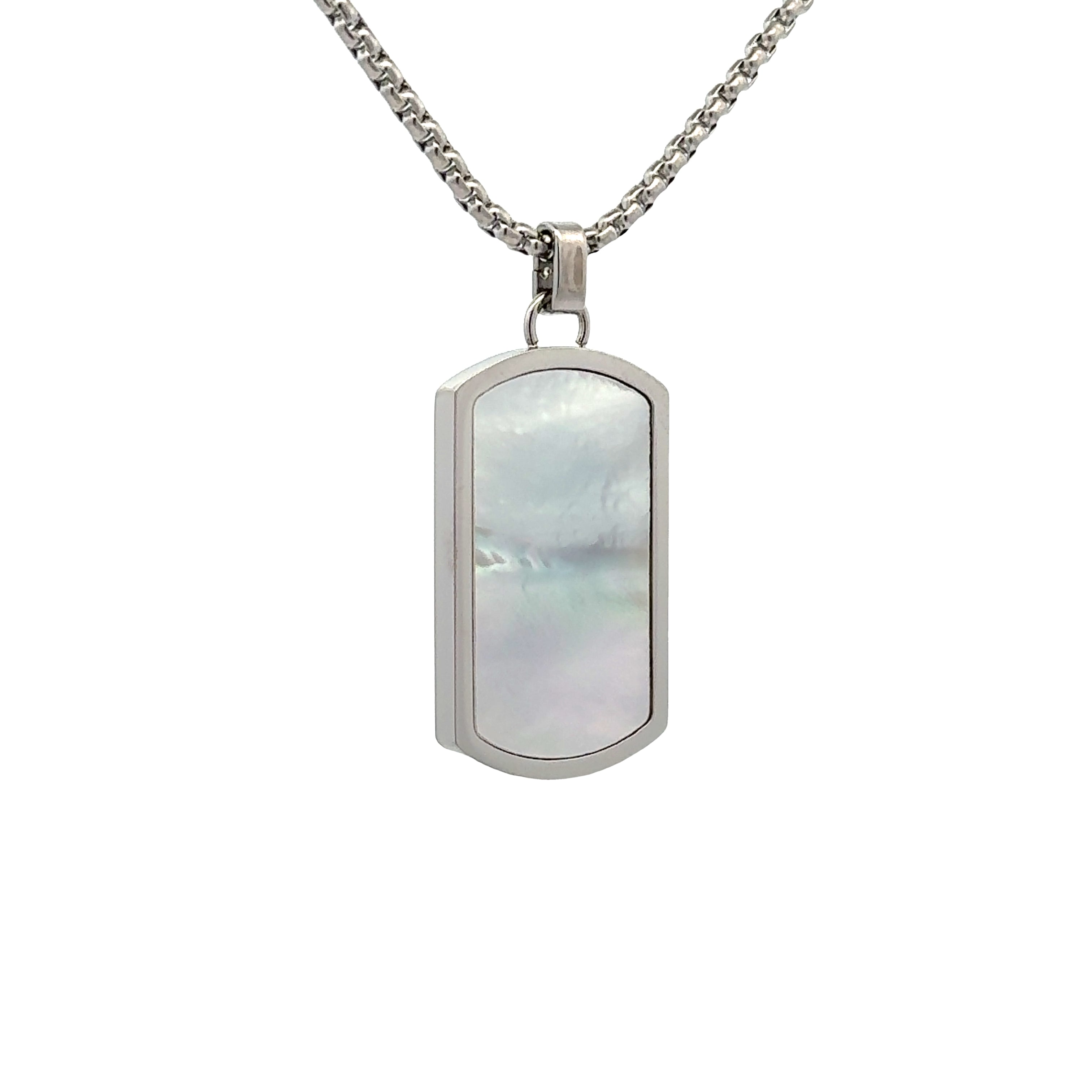 Stainless Steel and White Mother Of Pearl Tag Necklace