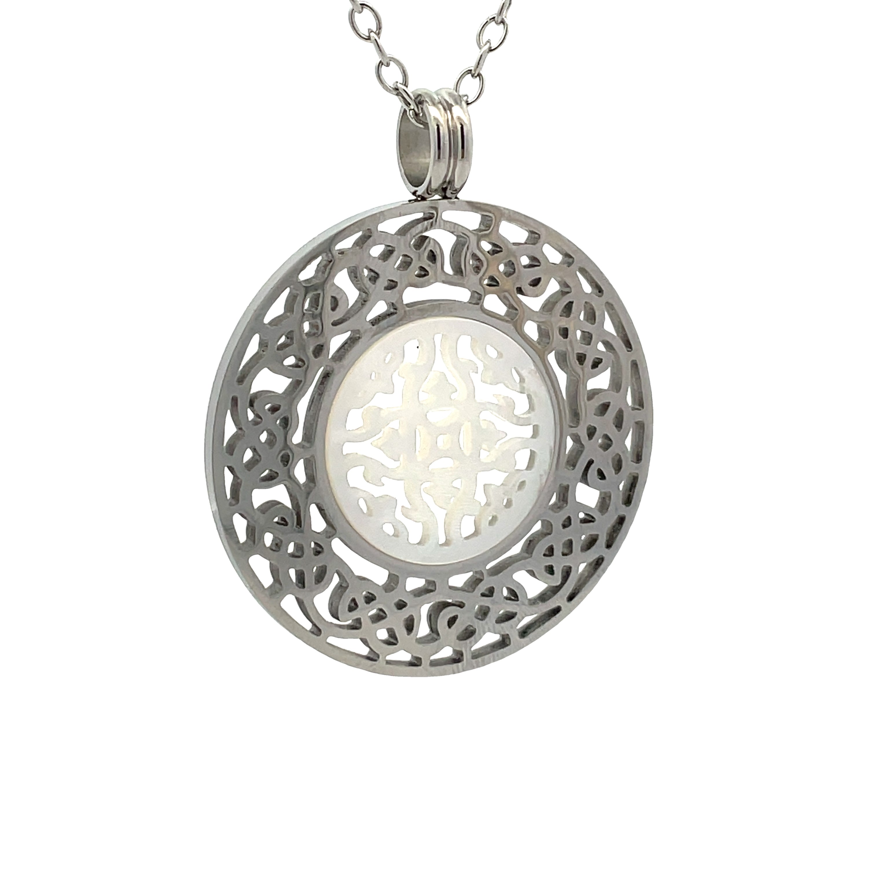 Stainless Steel White Mother of Pearl Large Ornate Necklace
