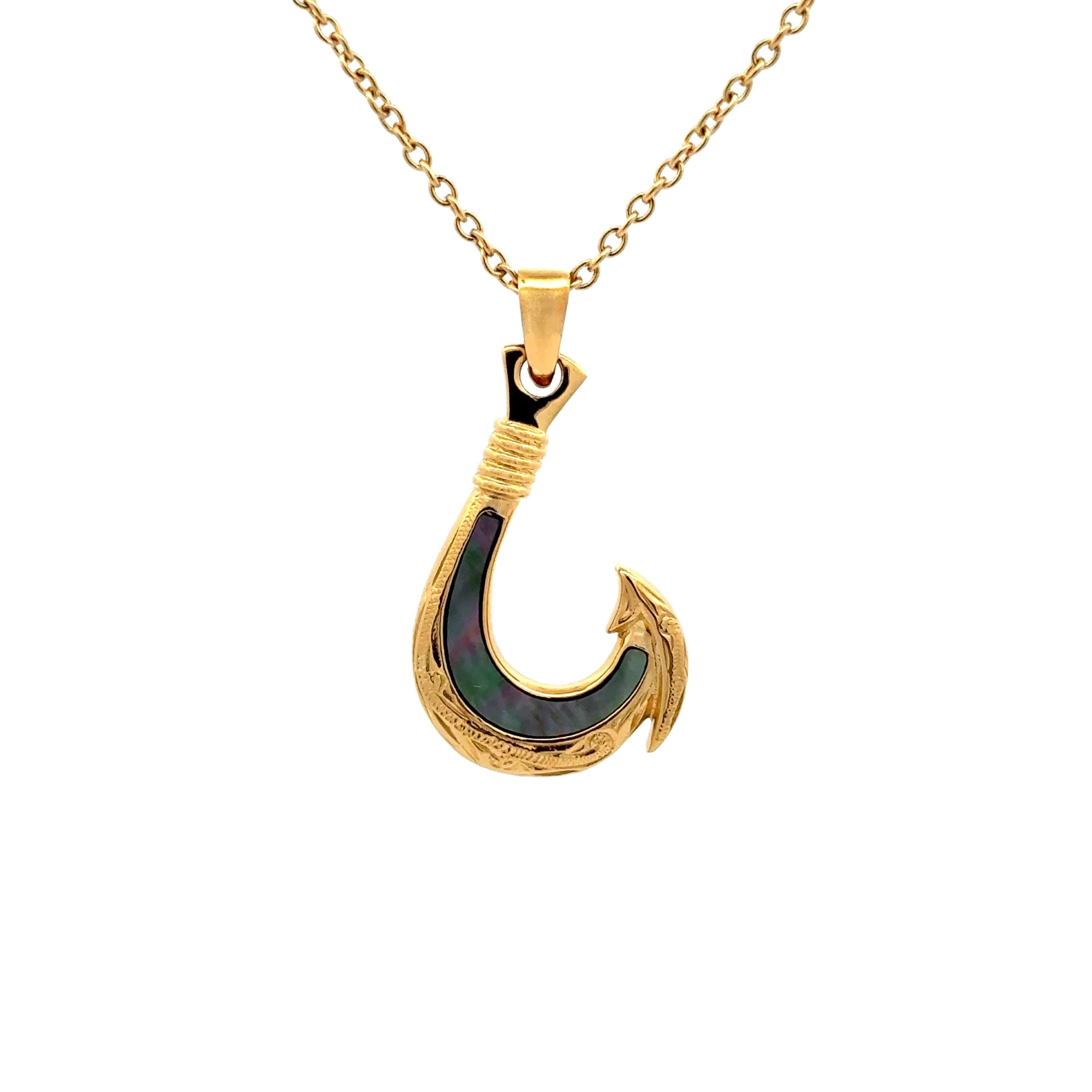 14K Gold Plated Stainless Steel Black Mother Of Pearl Hook Necklace