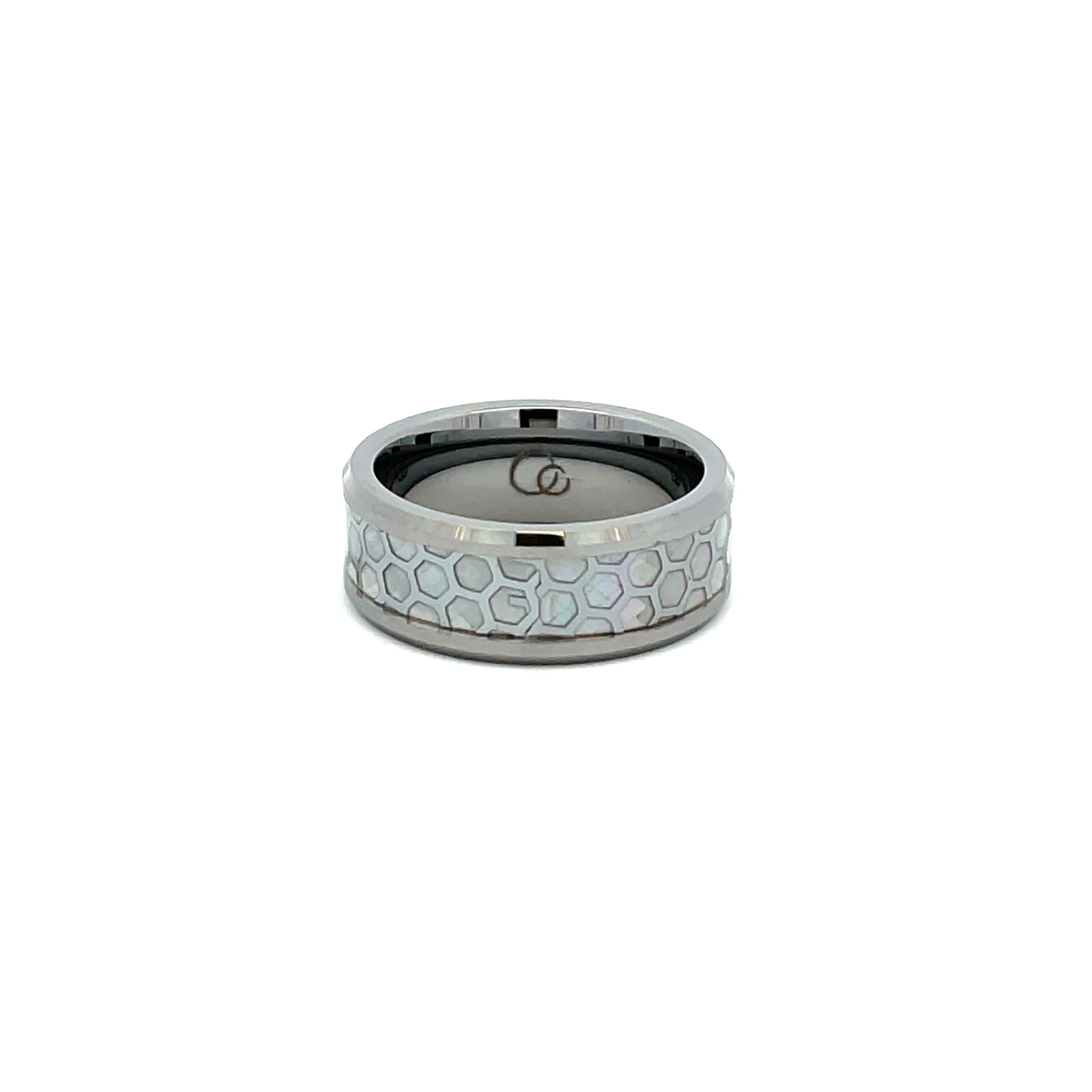 Tungsten Ring With Patterned White Mother Of Pearl