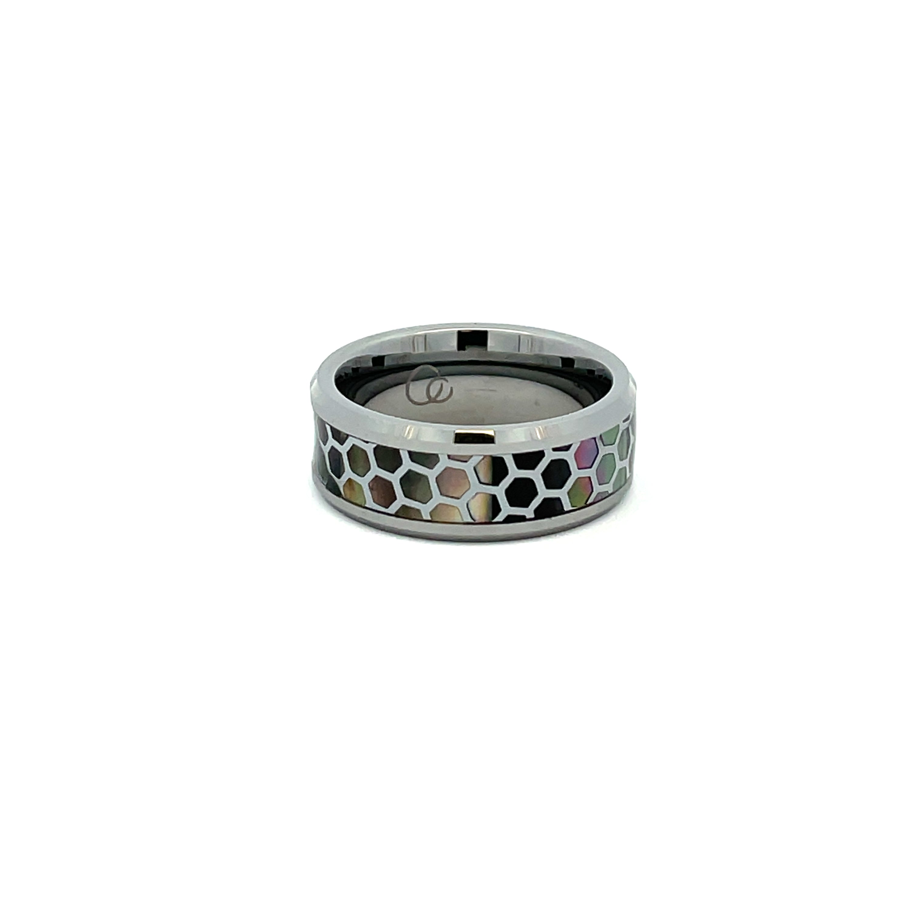 Tungsten Ring With Patterned Black Mother Of Pearl