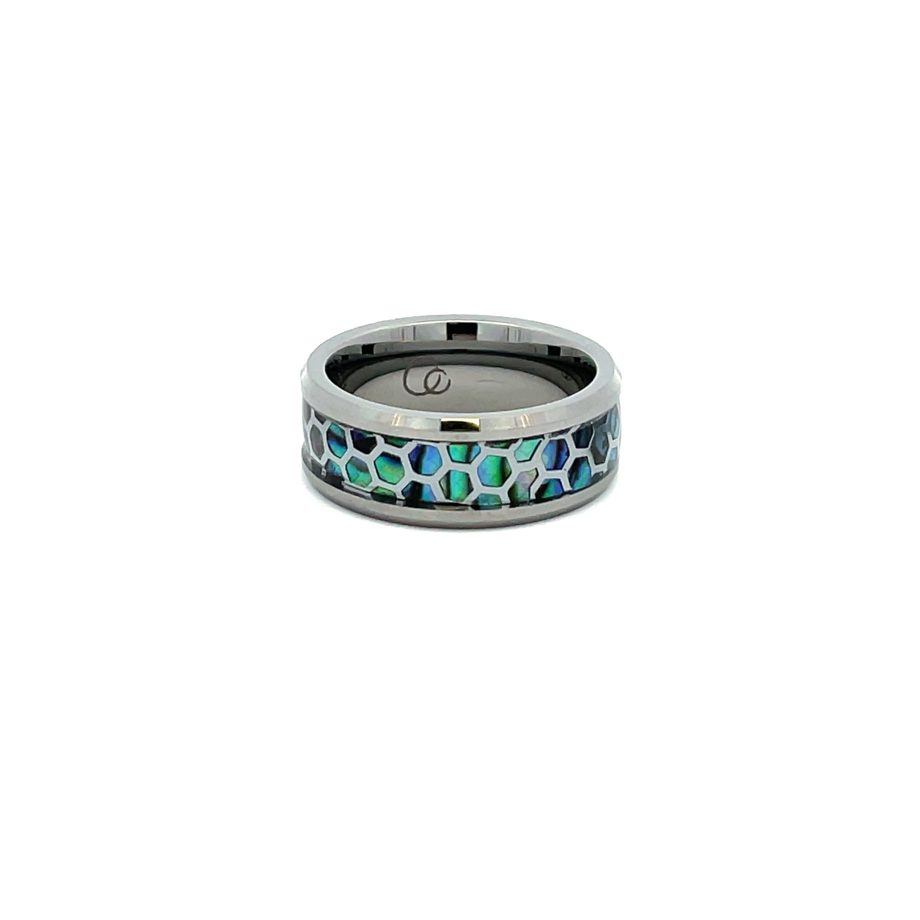 Tungsten Ring With Patterned Abalone Shell