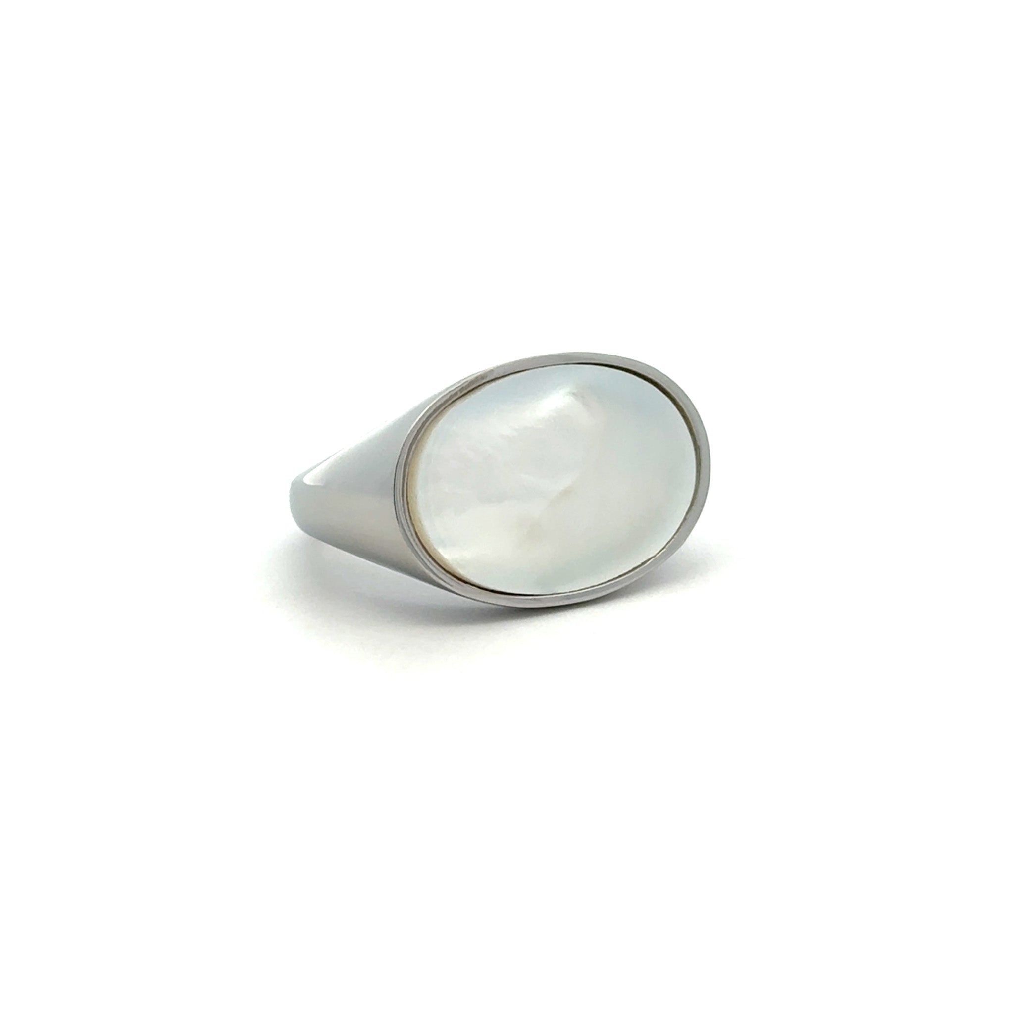 Stainless Steel White Mother Of Pearl Oval Ring front view