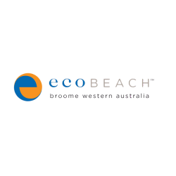 Logo of ecoBEACH with a blue and orange circle on a white background