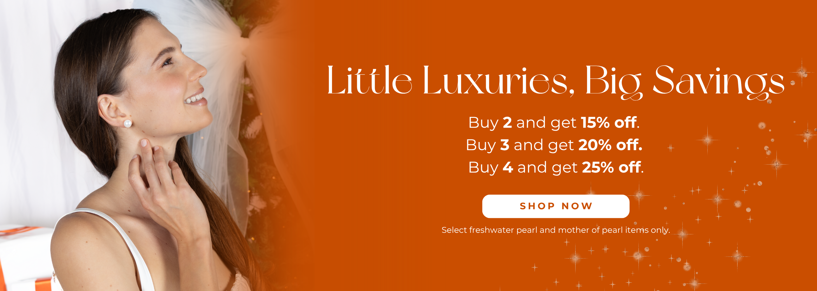 Advertisement for Little Luxuries with a woman wearing freshwater earrings, featuring promotional text on an orange background.