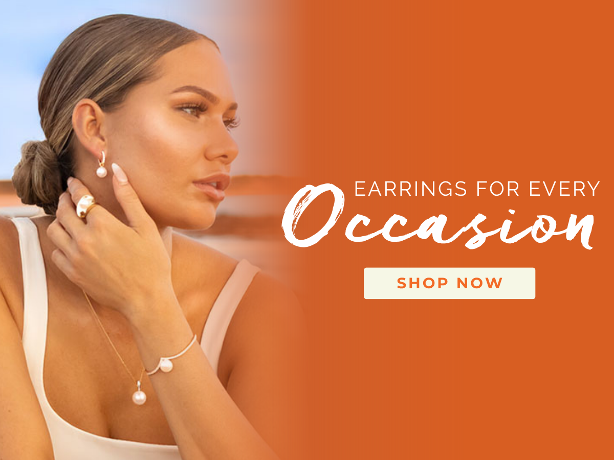 Woman wearing earrings with text 'Earrings for Every Occasion' and 'Shop Now' on an orange background