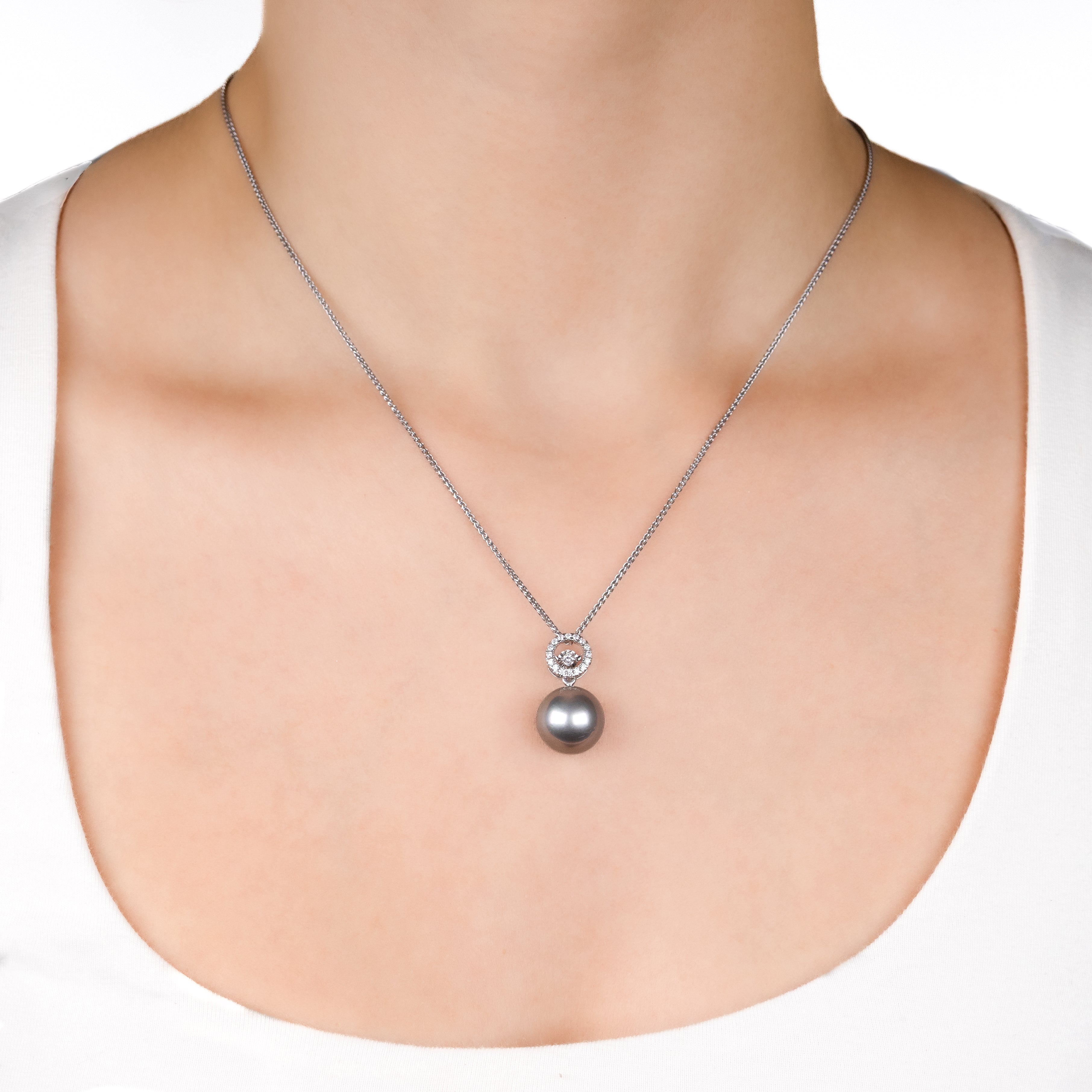 18K White Gold Tahitian 12-13 mm Cultured Pearl and Diamond Pendant on a model