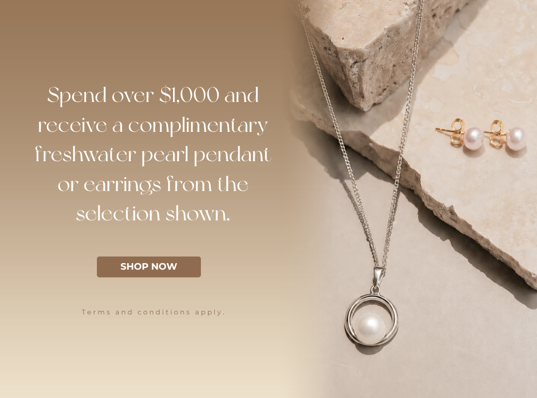 Spend over $1,000 and receive a complimentary freshwater pearl pendant or earrings from the selection shown.