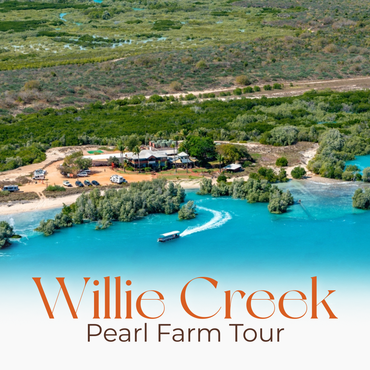 Aerial view of a pearl farm with a boat on a clear blue lake, surrounded by greenery. Text overlay 'Willie Creek Pearl Farm Tour'.