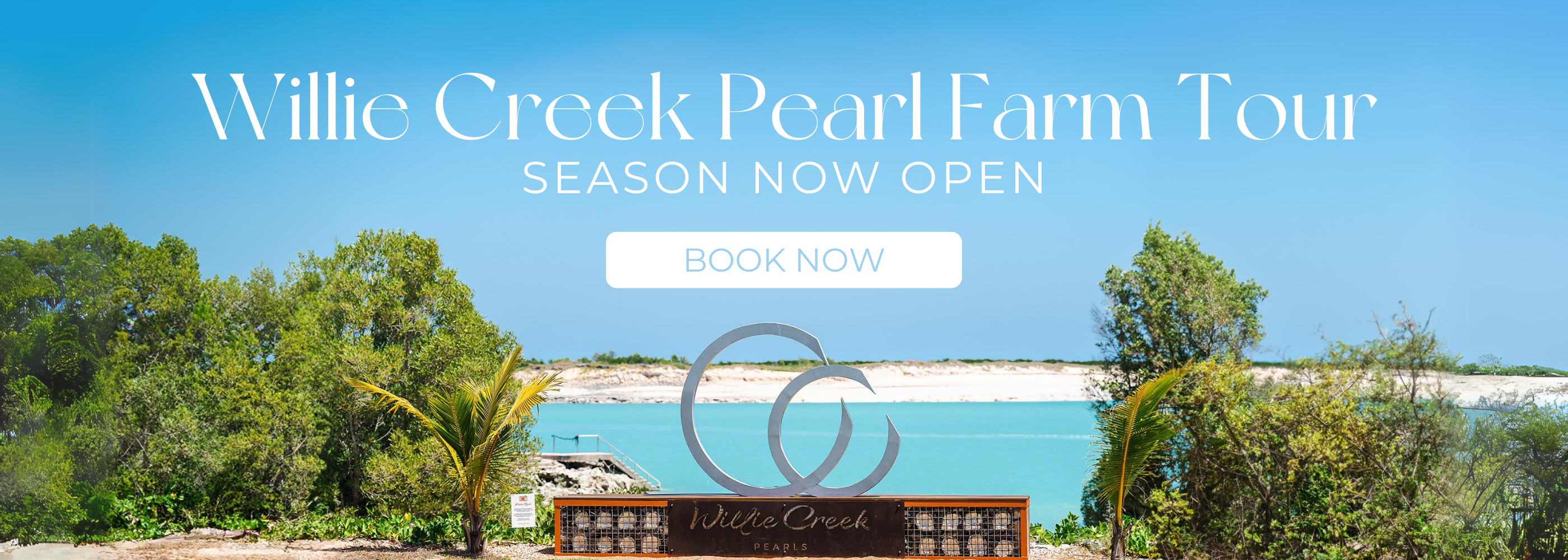 Advertisement for Willie Creek Pearl Farm Tour with scenic background and call to action text.