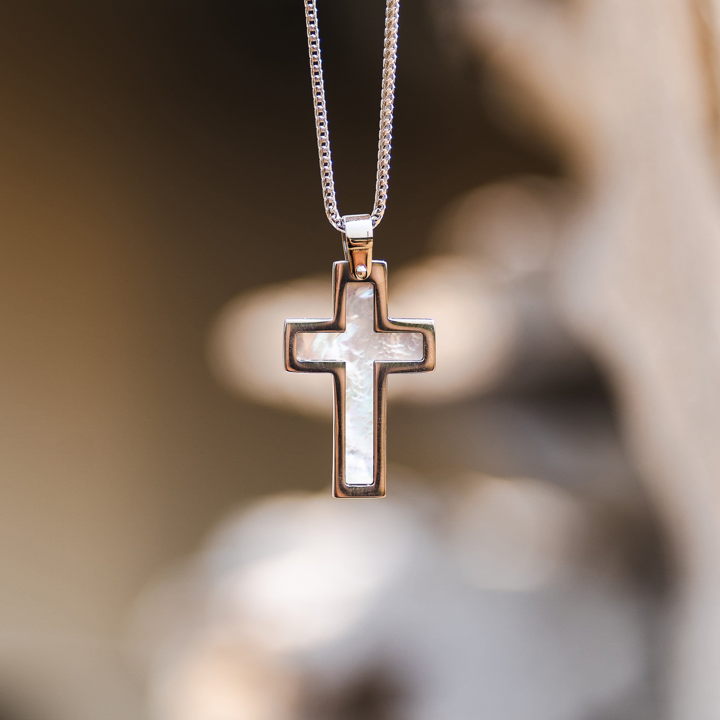 Stainless Steel White Mother Of Pearl Cross Pendant