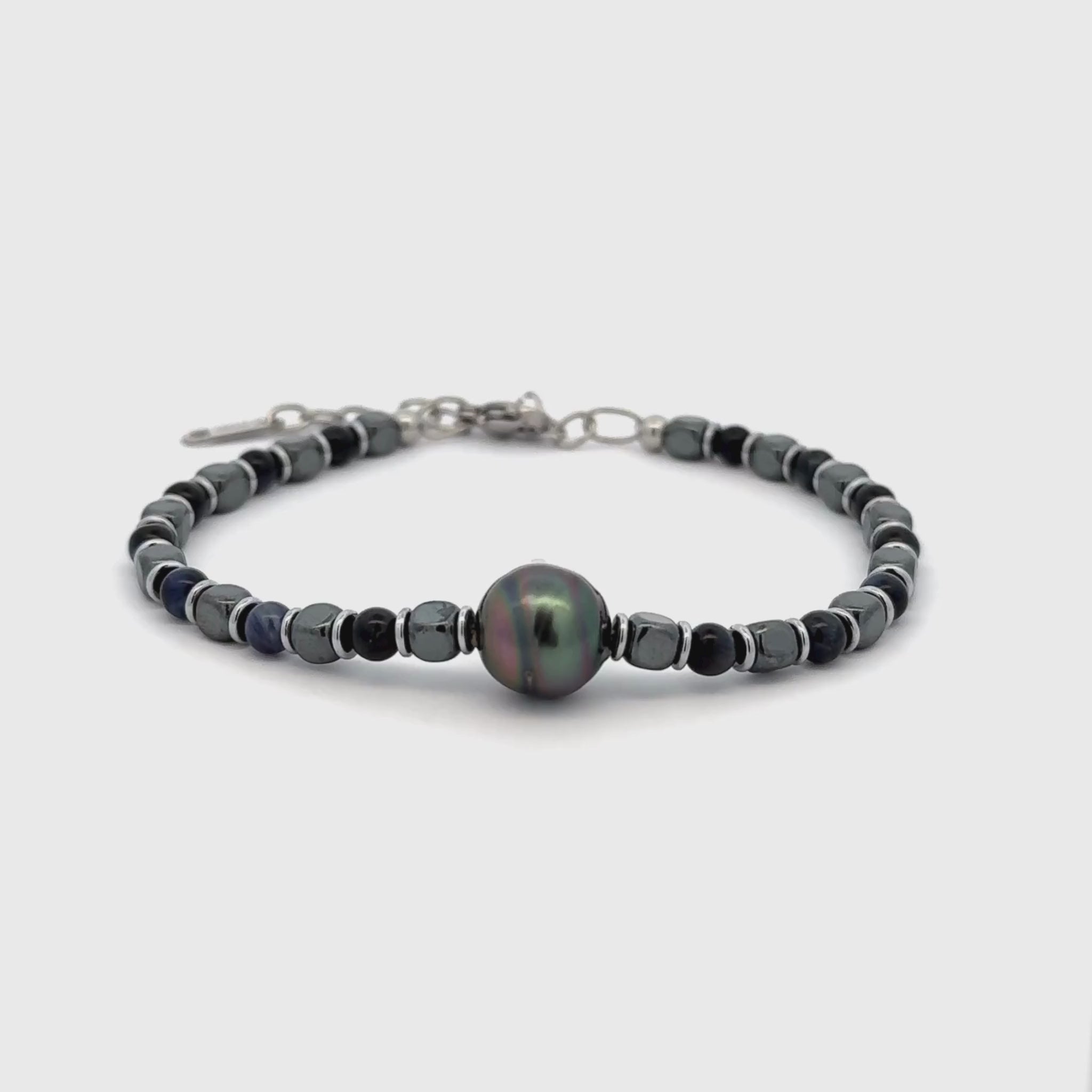 Tahitian Pearl and Silver/Black/Grey Hematite Natural Stone Variable Length Bracelet