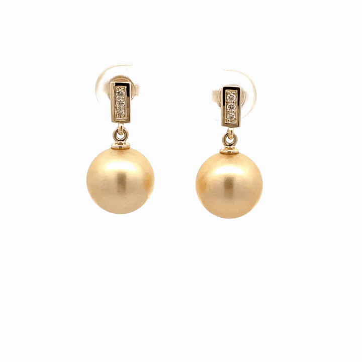 9K Yellow Gold South Sea Cultured 10 - 11mm Pearl and Diamond Drop Earrings