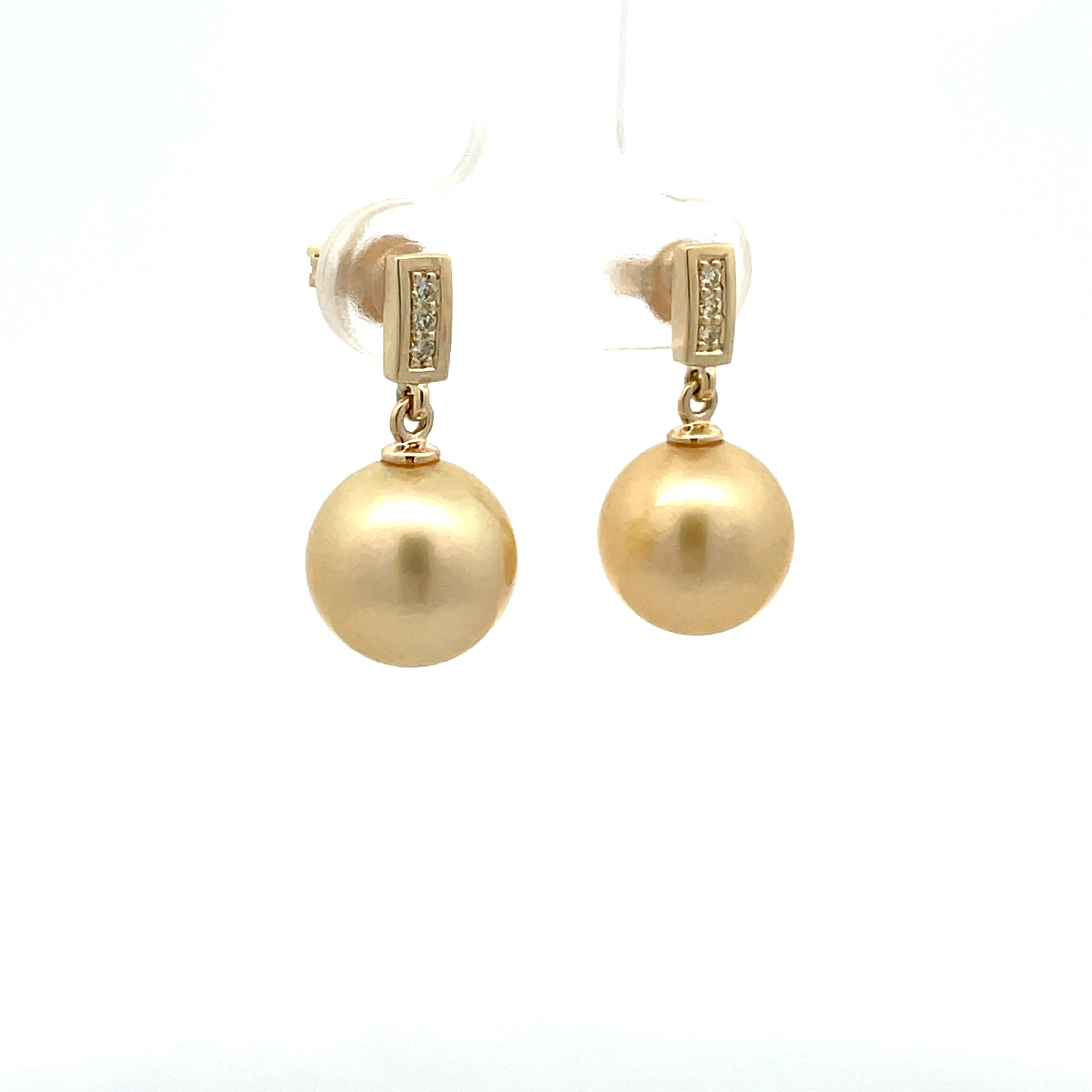 9K Yellow Gold South Sea Cultured 10 - 11mm Pearl and Diamond Drop Earrings