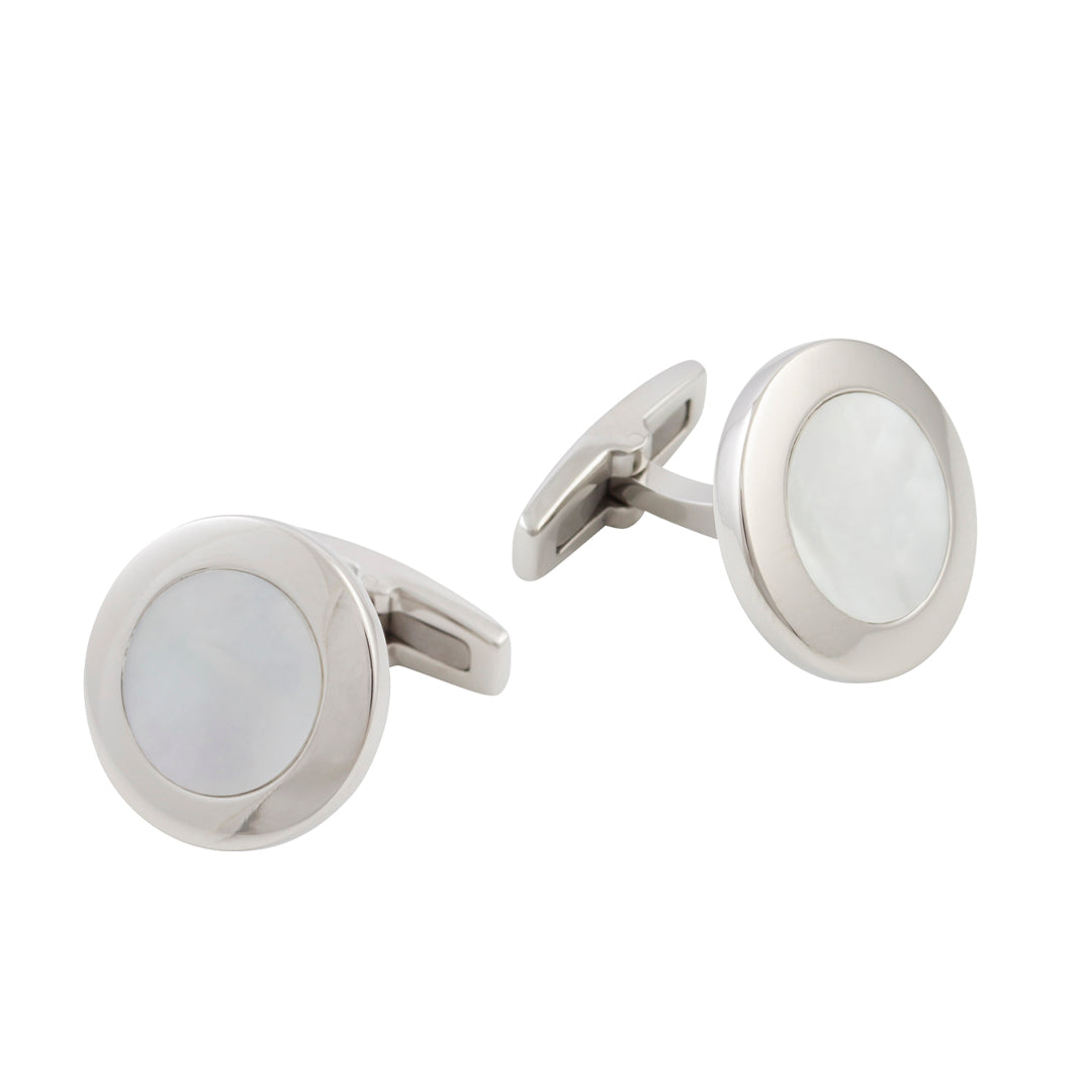 Stainless Steel White Mother Of Pearl Round Cufflinks