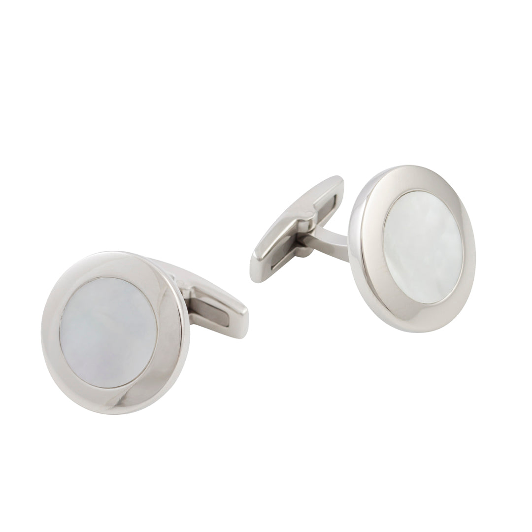 White Mother of Pearl Sterling Silver Signature Round Cufflink & Studs main image 0