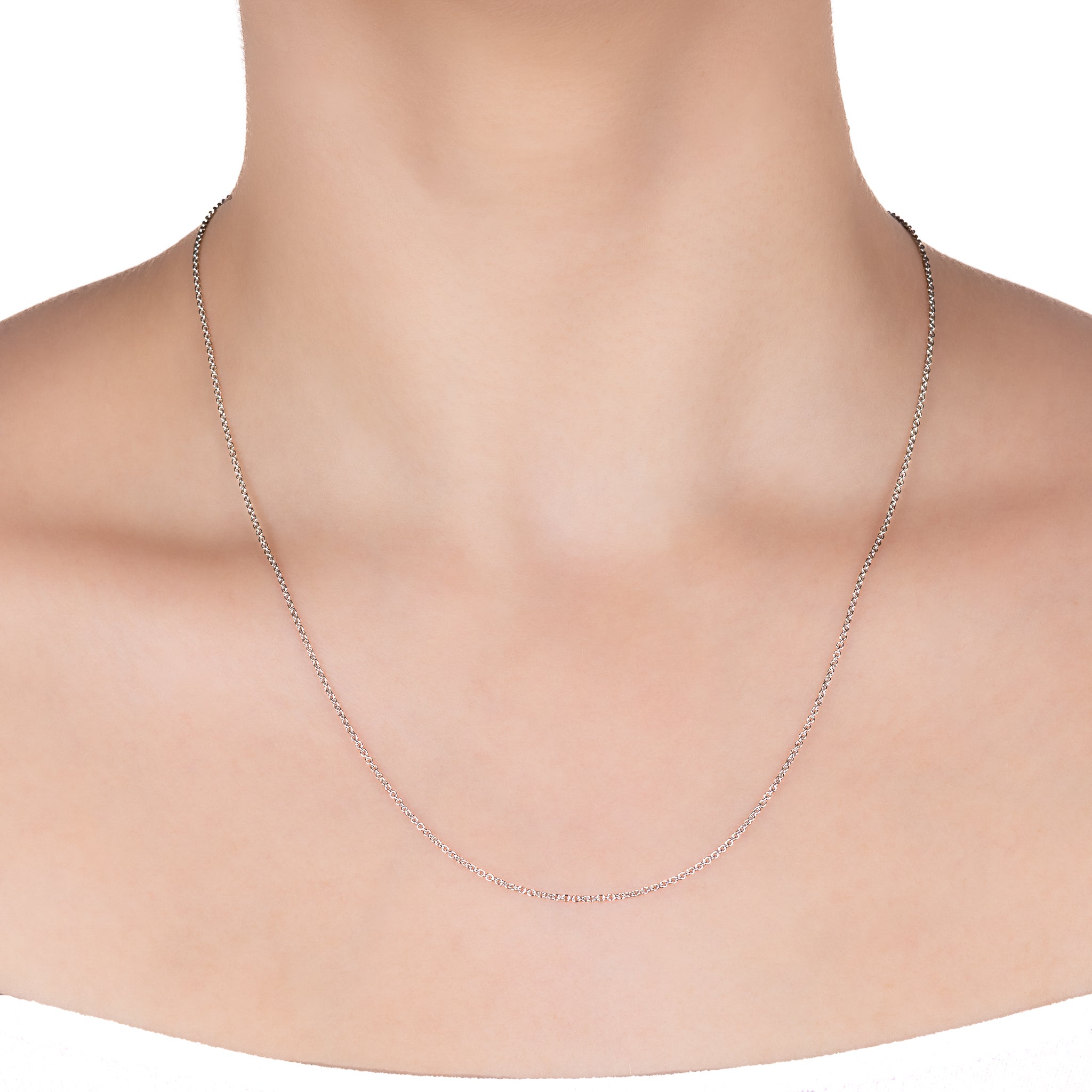 9K White Gold Polished 58cm Adjustable Cable Chain on a model