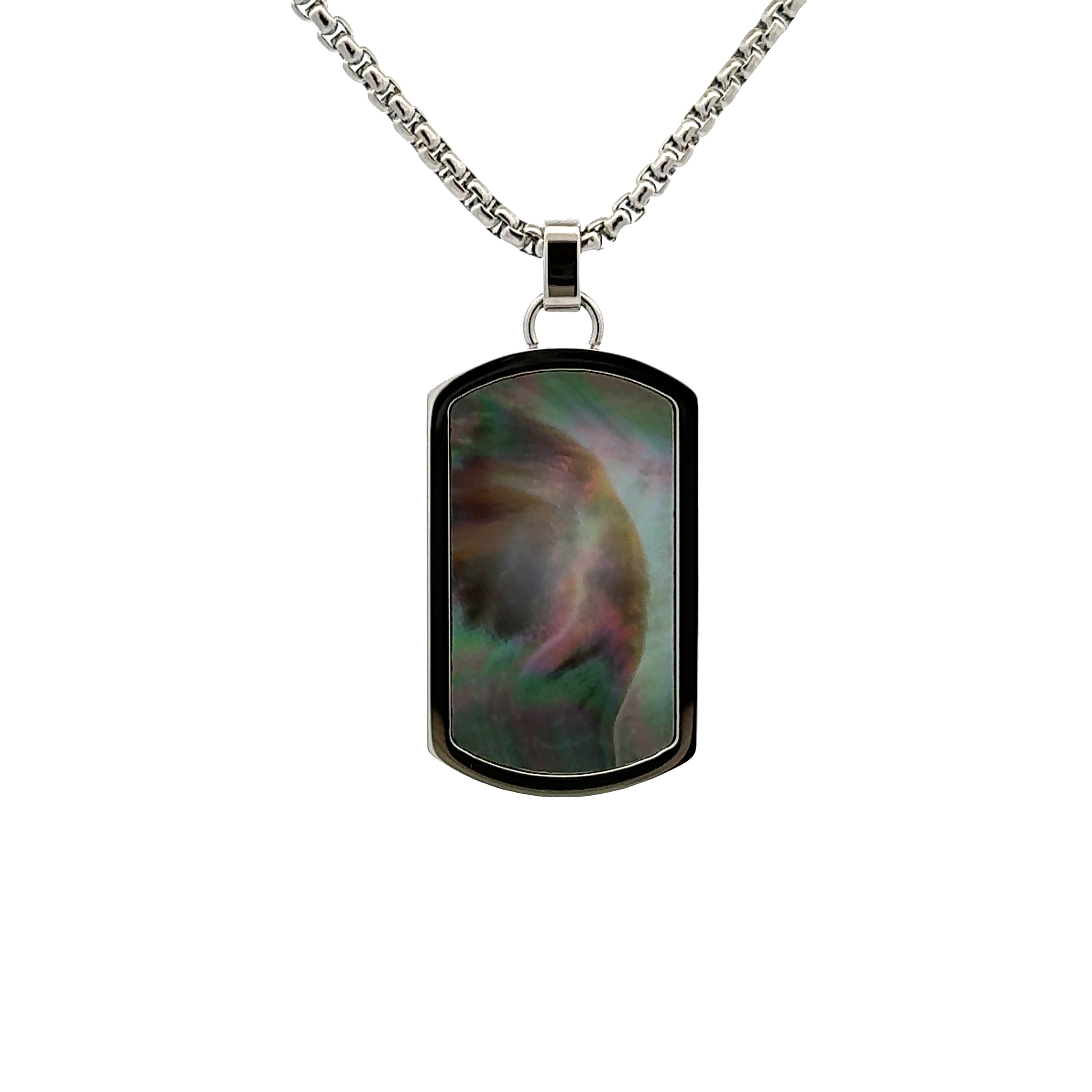Stainless Steel and Black Mother Of Pearl Tag Necklace