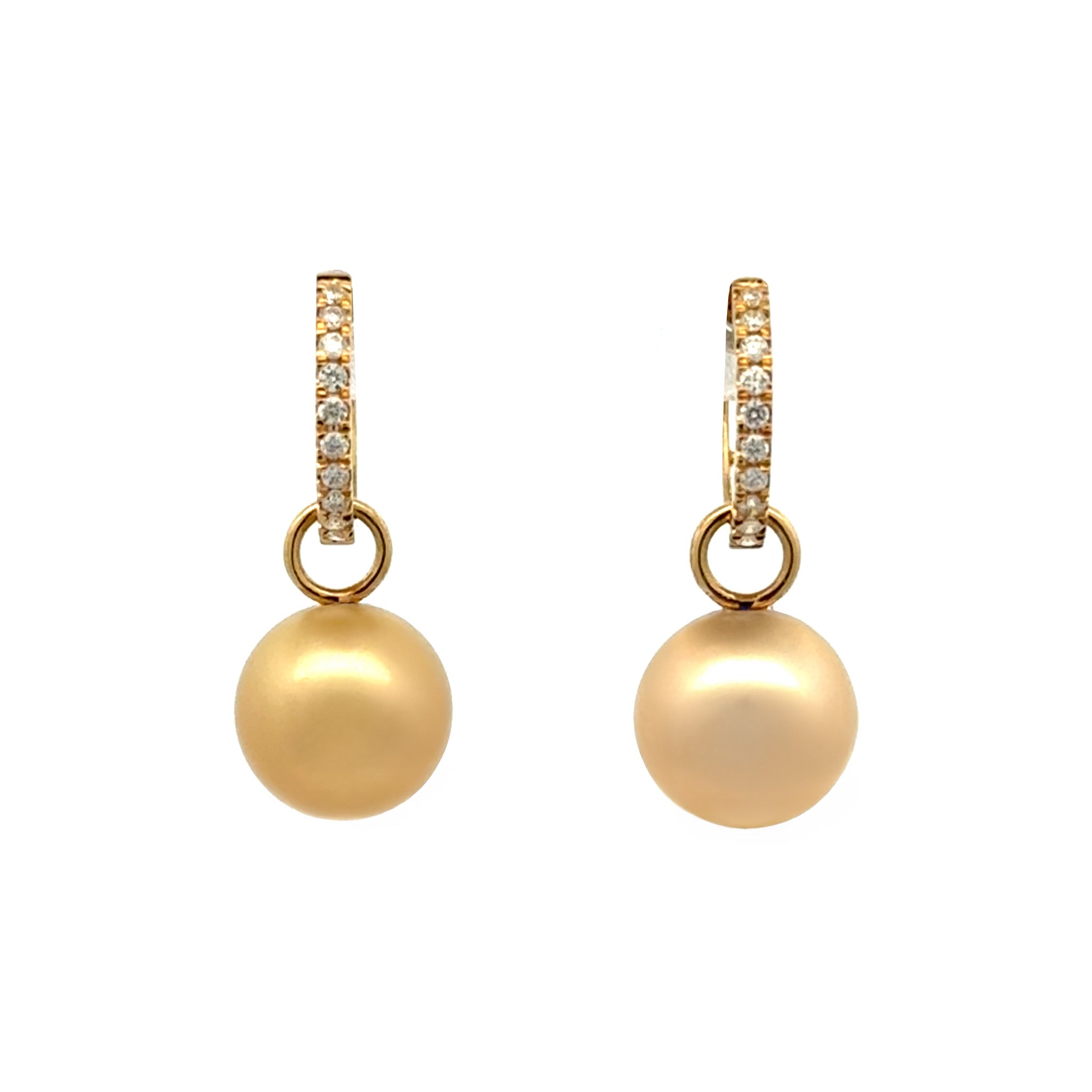 18K Yellow Gold South Sea 9-10 mm Cultured Pearl and Diamond Huggie Earrings front view on a white background